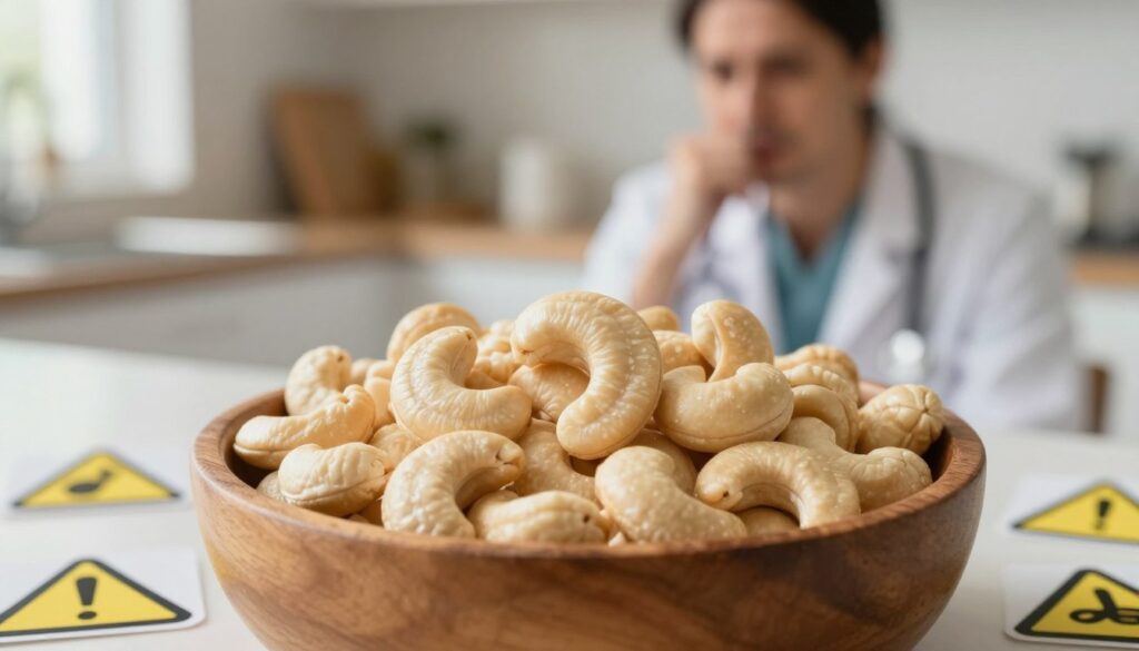 A close-up view of cashew nuts displayed in a wooden bowl, showcasing their smooth, curved shapes and shiny surfaces, emphasizing their natural texture. Surrounding the bowl, a subtle arrangement of allergen caution signs, such as small icons depicting a nut with an exclamation mark, adds to the context of allergy awareness. The background is softly blurred, revealing a kitchen countertop with warm, natural lighting that creates a cozy atmosphere. A thoughtful depiction of a medical professional in smart casual attire observes the scene in concern, contemplating the potential risks of nut allergies. The overall mood is serious yet informative, highlighting the importance of understanding allergenic foods without being alarmist. A close-up view of cashew nuts displayed in a wooden bowl, showcasing their smooth, curved shapes and shiny surfaces, emphasizing their natural texture. Surrounding the bowl, a subtle arrangement of allergen caution signs, such as small icons depicting a nut with an exclamation mark, adds to the context of allergy awareness. The background is softly blurred, revealing a kitchen countertop with warm, natural lighting that creates a cozy atmosphere. A thoughtful depiction of a medical professional in smart casual attire observes the scene in concern, contemplating the potential risks of nut allergies. The overall mood is serious yet informative, highlighting the importance of understanding allergenic foods without being alarmist.