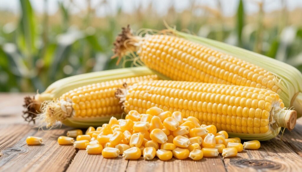 A close-up view of corn kernels showcasing their nutritional values, with detailed labels illustrating vitamins and minerals, surrounded by fresh ears of corn placed on a rustic wooden table. The foreground features a pile of vibrant yellow corn kernels glistening under soft, natural lighting that enhances their texture. In the middle, a few corn cobs, partly stripped of their husks, display the rich golden color and sheen of the grains. The background includes a blurred field of corn plants gently swaying in the breeze, providing a fresh and healthy agricultural context. The overall atmosphere is bright and inviting, conveying a sense of health and nutrition, perfect for an article section focused on the nutritional content and caloric value of corn. A close-up view of corn kernels showcasing their nutritional values, with detailed labels illustrating vitamins and minerals, surrounded by fresh ears of corn placed on a rustic wooden table. The foreground features a pile of vibrant yellow corn kernels glistening under soft, natural lighting that enhances their texture. In the middle, a few corn cobs, partly stripped of their husks, display the rich golden color and sheen of the grains. The background includes a blurred field of corn plants gently swaying in the breeze, providing a fresh and healthy agricultural context. The overall atmosphere is bright and inviting, conveying a sense of health and nutrition, perfect for an article section focused on the nutritional content and caloric value of corn.