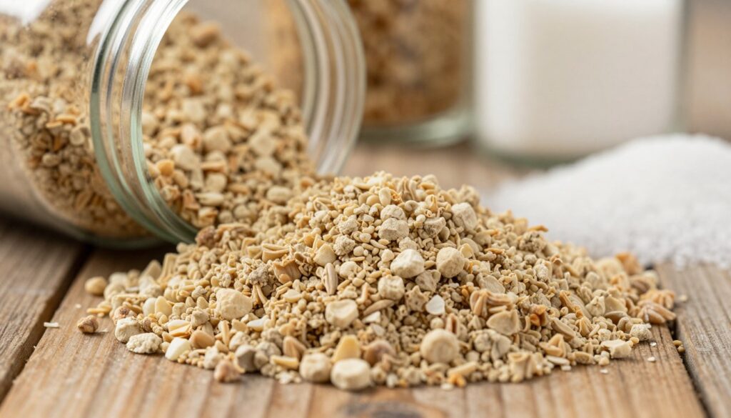 A close-up view of dried yeast granules in a transparent jar, resting on a rustic wooden surface. The granules should appear granular and textured, glistening slightly with moisture under soft, natural lighting that highlights their color variations from light beige to golden. In the background, an arrangement of essential fermentation ingredients can be seen, such as malt grains and sugar, subtly out of focus to draw attention to the yeast in the foreground. The atmosphere is warm and inviting, suggesting a passion for home brewing. The composition should use a shallow depth of field to create a soft blur on the background, emphasizing the focal point of the yeast, ideal for illustrating its role in the fermentation process. A close-up view of dried yeast granules in a transparent jar, resting on a rustic wooden surface. The granules should appear granular and textured, glistening slightly with moisture under soft, natural lighting that highlights their color variations from light beige to golden. In the background, an arrangement of essential fermentation ingredients can be seen, such as malt grains and sugar, subtly out of focus to draw attention to the yeast in the foreground. The atmosphere is warm and inviting, suggesting a passion for home brewing. The composition should use a shallow depth of field to create a soft blur on the background, emphasizing the focal point of the yeast, ideal for illustrating its role in the fermentation process.