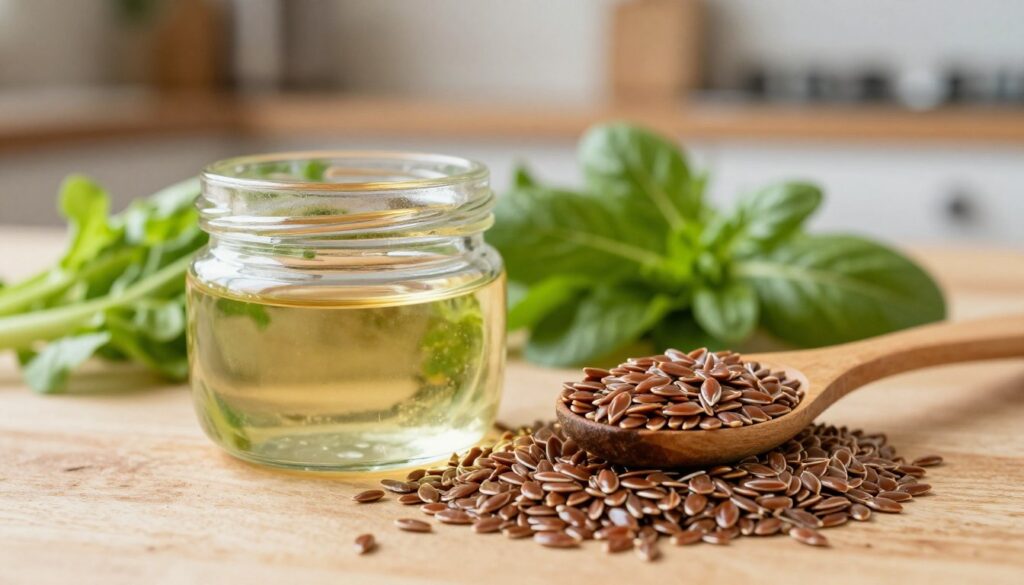 A close-up view of flax seeds on a wooden surface, showcasing their shiny, reddish-brown texture. In the foreground, a small glass jar filled with golden flaxseed oil, its surface reflecting soft, natural light. Next to the jar, a wooden spoon rests filled with the seeds, emphasizing their nutritional richness. The middle ground features an assortment of fresh greens and vegetables, hinting at healthy meal preparations that incorporate flax. In the background, a subtle blur of a rustic kitchen with warm, inviting lighting creates a cozy atmosphere. The setting conveys a sense of health-conscious cooking, celebrating the nutritional benefits of flax seeds in everyday meals. The overall mood should be bright and inviting, promoting wellness and vitality. A close-up view of flax seeds on a wooden surface, showcasing their shiny, reddish-brown texture. In the foreground, a small glass jar filled with golden flaxseed oil, its surface reflecting soft, natural light. Next to the jar, a wooden spoon rests filled with the seeds, emphasizing their nutritional richness. The middle ground features an assortment of fresh greens and vegetables, hinting at healthy meal preparations that incorporate flax. In the background, a subtle blur of a rustic kitchen with warm, inviting lighting creates a cozy atmosphere. The setting conveys a sense of health-conscious cooking, celebrating the nutritional benefits of flax seeds in everyday meals. The overall mood should be bright and inviting, promoting wellness and vitality.