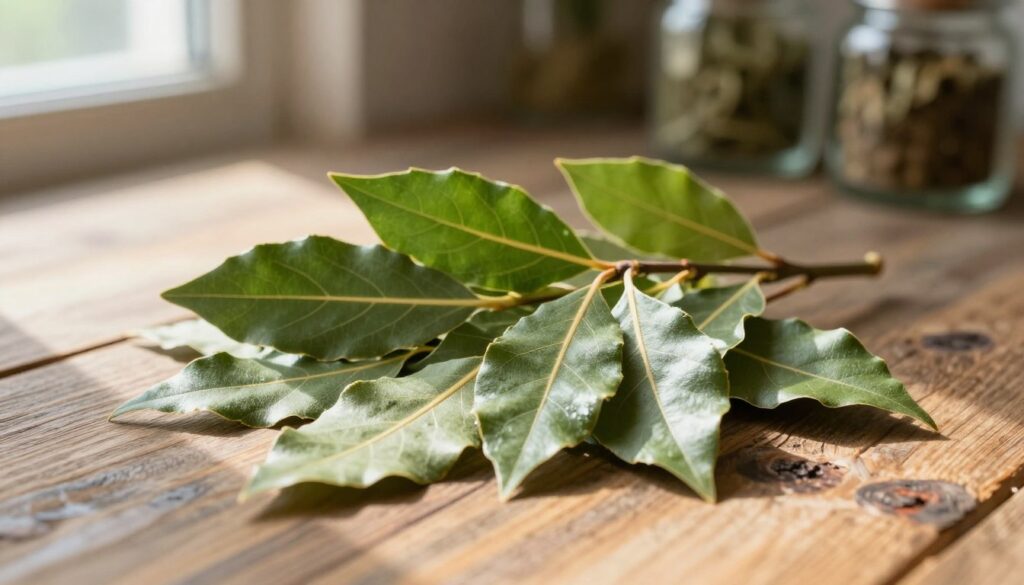 A close-up view of fresh bay leaves arranged elegantly on a rustic wooden table. The leaves exhibit their rich green color with a glossy surface, showcasing their natural veins and edges. Sunlight filters through a nearby window, casting soft, warm rays that create gentle highlights and shadows, enhancing the vibrant hues of the leaves. In the background, slightly blurred, there are herbs and spices in glass jars, creating a kitchen atmosphere filled with natural aromas. The composition conveys a sense of tranquility and freshness, inviting the viewer to appreciate the culinary and digestive benefits of bay leaves in an aesthetically pleasing way. The overall mood is calm and earthy, perfect for illustrating natural ingredients in cooking. A close-up view of fresh bay leaves arranged elegantly on a rustic wooden table. The leaves exhibit their rich green color with a glossy surface, showcasing their natural veins and edges. Sunlight filters through a nearby window, casting soft, warm rays that create gentle highlights and shadows, enhancing the vibrant hues of the leaves. In the background, slightly blurred, there are herbs and spices in glass jars, creating a kitchen atmosphere filled with natural aromas. The composition conveys a sense of tranquility and freshness, inviting the viewer to appreciate the culinary and digestive benefits of bay leaves in an aesthetically pleasing way. The overall mood is calm and earthy, perfect for illustrating natural ingredients in cooking.
