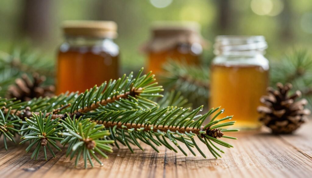 A close-up view of fresh pine shoots, exhibiting their vibrant green needles and delicate structure, set on a wooden surface with a rustic, natural feel. In the foreground, the pine shoots are highlighted with dew glistening in soft morning light, creating a fresh and invigorating atmosphere. The middle ground features blurred out rustic jars filled with pine syrup, blending seamlessly with hints of pinecones, emphasizing the medicinal qualities of the elixir. The background should be softly blurred forest greenery, evoking a serene woodland environment, with dappled sunlight filtering through the foliage. The overall mood is refreshing and earthy, promoting the health advantages of the forest’s bounty. Use a macro lens perspective to capture intricate details, with warm, natural lighting to enhance the organic beauty of the scene.