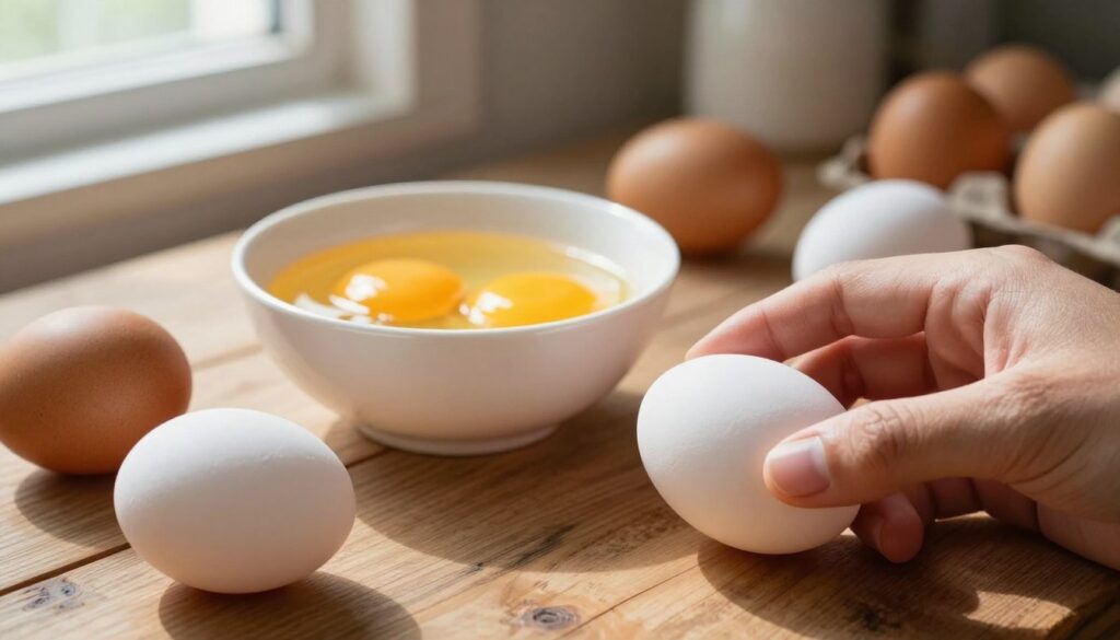 A close-up view of fresh, raw eggs displayed on a rustic wooden table, emphasizing their smooth shells and varying shades of brown and white. In the foreground, a hand gently holds an egg, showcasing the careful handling of raw foods. In the middle, an elegant ceramic bowl with cracked eggs, revealing their bright yellow yolks. Soft, natural lighting filters through a nearby window, casting warm highlights and gentle shadows, creating a cozy atmosphere. In the background, a blurred kitchen scene with a few kitchen utensils and ingredients, subtly emphasizing the theme of food safety without distracting from the main focus. Capture a sense of cleanliness and care, reflecting the importance of safe consumption of raw eggs. A close-up view of fresh, raw eggs displayed on a rustic wooden table, emphasizing their smooth shells and varying shades of brown and white. In the foreground, a hand gently holds an egg, showcasing the careful handling of raw foods. In the middle, an elegant ceramic bowl with cracked eggs, revealing their bright yellow yolks. Soft, natural lighting filters through a nearby window, casting warm highlights and gentle shadows, creating a cozy atmosphere. In the background, a blurred kitchen scene with a few kitchen utensils and ingredients, subtly emphasizing the theme of food safety without distracting from the main focus. Capture a sense of cleanliness and care, reflecting the importance of safe consumption of raw eggs.