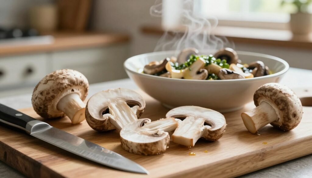 A close-up view of freshly cleaned and sliced mushrooms on a wooden chopping board, showcasing their delicate textures and earthy tones. In the foreground, a chef’s knife rests beside the mushrooms, reflecting a soft light, creating a vibrant atmosphere in a cozy kitchen setting. In the middle ground, a bowl filled with sautéed mushrooms simmering in a fragrant garlic and herb-infused oil, with steam gently rising to emphasize the warmth and inviting aroma, suggesting depth of flavor. The background features a blurred, rustic kitchen scene with soft, natural lighting streaming through a window, enhancing the warm, homey feel of the preparation process. The image captures the essence of culinary care and the beauty of mushroom preparation, perfect for illustrating a wholesome cooking experience. A close-up view of freshly cleaned and sliced mushrooms on a wooden chopping board, showcasing their delicate textures and earthy tones. In the foreground, a chef’s knife rests beside the mushrooms, reflecting a soft light, creating a vibrant atmosphere in a cozy kitchen setting. In the middle ground, a bowl filled with sautéed mushrooms simmering in a fragrant garlic and herb-infused oil, with steam gently rising to emphasize the warmth and inviting aroma, suggesting depth of flavor. The background features a blurred, rustic kitchen scene with soft, natural lighting streaming through a window, enhancing the warm, homey feel of the preparation process. The image captures the essence of culinary care and the beauty of mushroom preparation, perfect for illustrating a wholesome cooking experience.
