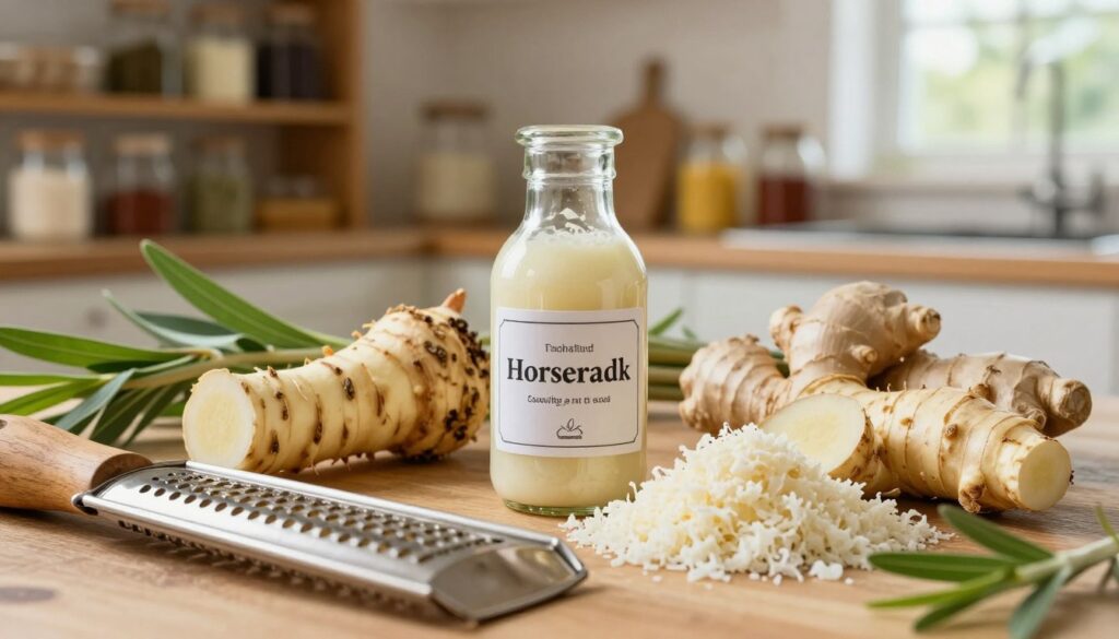 A close-up view of freshly grated horseradish, showcasing its vibrant white and cream tones, with a rustic wooden grater in the foreground. The middle of the image features a small glass bottle of traditional horseradish tincture, elegantly labeled, surrounded by fresh horseradish roots and medicinal herbs like willow bark and ginger. In the background, softly blurred, a warm, inviting kitchen with wooden shelves filled with jars of spices and home remedies, illuminated by gentle, natural sunlight filtering through a window. The scene conveys a sense of tradition and healing, emphasizing the natural and medicinal qualities of horseradish. The overall mood is warm, earthy, and inviting, encouraging an appreciation for natural remedies.