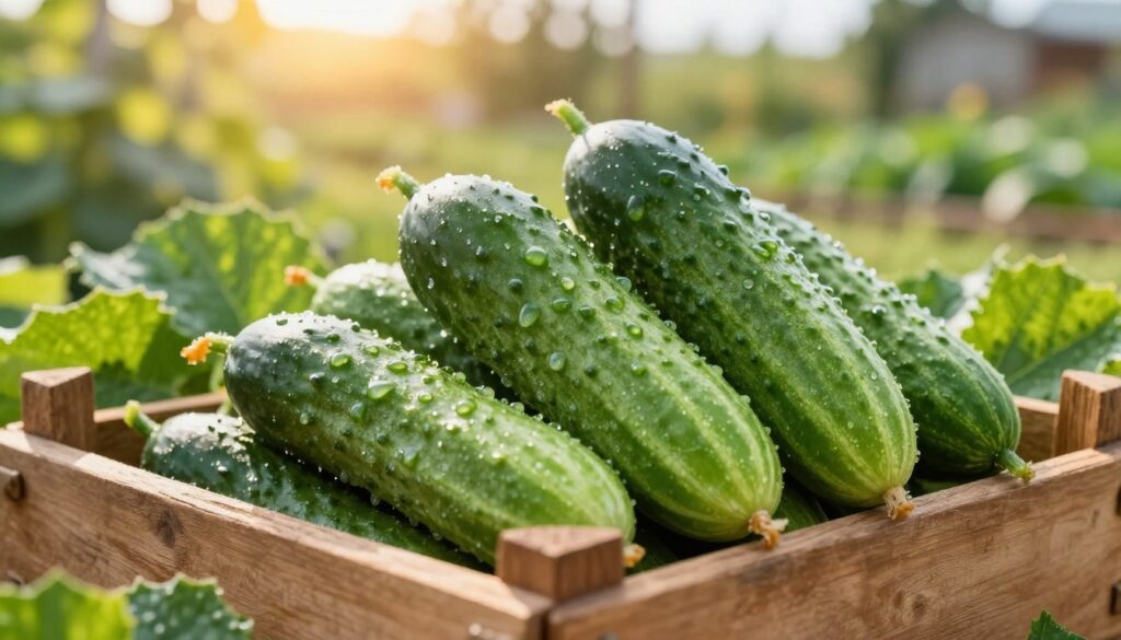 A close-up view of freshly harvested "ogórków gruntowych" (ground cucumbers) arranged in a rustic wooden crate, surrounded by natural green foliage. The cucumbers should appear vibrant and glistening with dew, showcasing their smooth skin and rich green color. In the background, a soft-focus rural garden setting is visible, bathed in warm, golden sunlight that filters through the leaves, creating a peaceful and inviting atmosphere. Use a shallow depth of field to emphasize the cucumbers while softly blurring the background. The composition should evoke a sense of freshness and homeliness, ideal for highlighting their quality as a pickling ingredient.