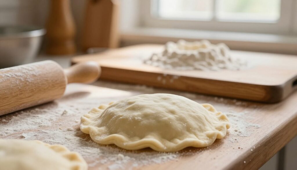 A close-up view of freshly made dough for pierogi, emphasizing its thickness. The foreground showcases a smooth, round piece of dough with a rolling pin beside it, highlighting the texture and firmness of the pastry. In the middle, a wooden cutting board is dusted with flour, with a subtle shadow cast by the warm overhead light, giving a cozy kitchen atmosphere. The background features softly blurred kitchen tools and a window allowing natural light to filter through, creating a welcoming and inviting ambiance. The scene exudes a sense of craftsmanship and tradition, emphasizing the importance of dough thickness in the cooking process, with an inviting, warm color palette. A close-up view of freshly made dough for pierogi, emphasizing its thickness. The foreground showcases a smooth, round piece of dough with a rolling pin beside it, highlighting the texture and firmness of the pastry. In the middle, a wooden cutting board is dusted with flour, with a subtle shadow cast by the warm overhead light, giving a cozy kitchen atmosphere. The background features softly blurred kitchen tools and a window allowing natural light to filter through, creating a welcoming and inviting ambiance. The scene exudes a sense of craftsmanship and tradition, emphasizing the importance of dough thickness in the cooking process, with an inviting, warm color palette.
