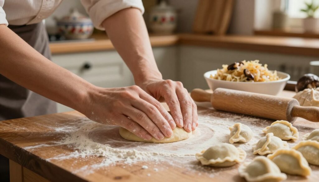 A close-up view of freshly made pierogi dough being kneaded on a wooden countertop, the focus on hands expertly working the elastic ciasto. The foreground features flour dusted over the surface, with the hands gently pressing and folding the dough. In the middle, there are kitchen utensils like a rolling pin and a bowl filled with delicious fillings, such as sauerkraut and mushrooms. The background reveals a cozy, homey kitchen setting with warm, soft lighting that casts gentle shadows, creating an inviting atmosphere. A wooden shelf with traditional Polish pottery adds charm to the scene. The overall mood is one of warmth and tradition, capturing the essence of homemade cooking. A close-up view of freshly made pierogi dough being kneaded on a wooden countertop, the focus on hands expertly working the elastic ciasto. The foreground features flour dusted over the surface, with the hands gently pressing and folding the dough. In the middle, there are kitchen utensils like a rolling pin and a bowl filled with delicious fillings, such as sauerkraut and mushrooms. The background reveals a cozy, homey kitchen setting with warm, soft lighting that casts gentle shadows, creating an inviting atmosphere. A wooden shelf with traditional Polish pottery adds charm to the scene. The overall mood is one of warmth and tradition, capturing the essence of homemade cooking.
