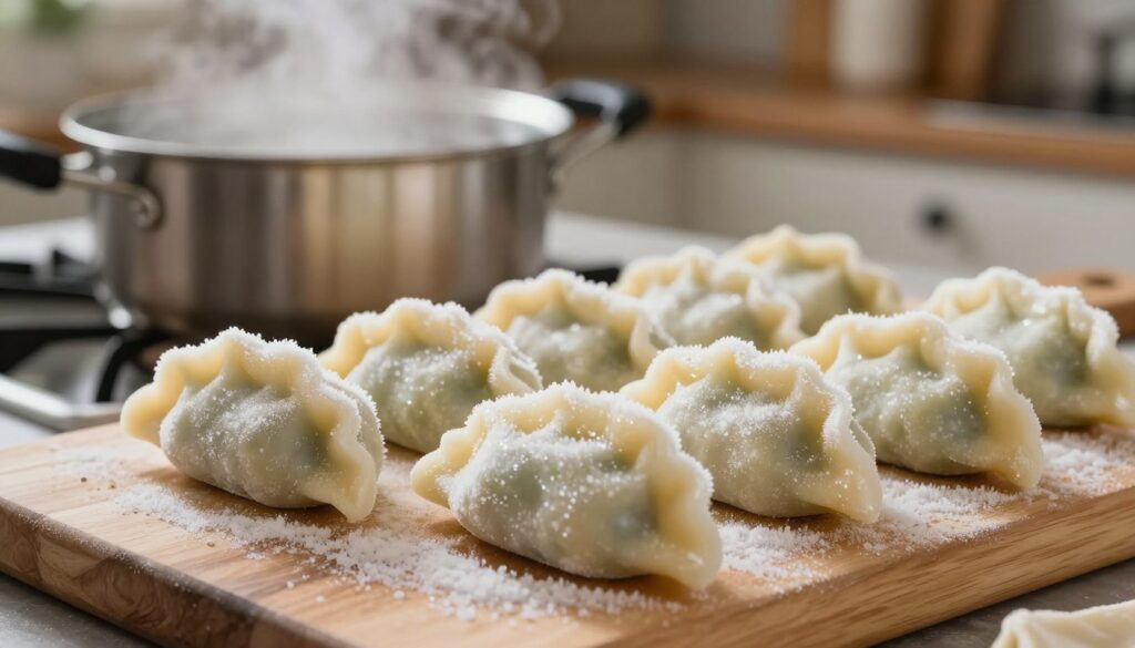 A close-up view of frosty, frozen pierogi piled elegantly on a wooden cutting board, glistening with ice crystals. In the foreground, a few pierogi are placed attractively side by side, showcasing their delicate shape and filling. The middle ground features a pot of boiling water, steam rising gently, symbolizing the cooking process about to happen. In the background, there’s a cozy kitchen setting with soft, warm lighting illuminating the scene, creating an inviting atmosphere. The lens should be slightly tilted to capture the depth of the composition while focusing sharply on the frozen pierogi. Ensure the colors are vibrant, reflecting the freshness of the food and the essence of home cooking. A close-up view of frosty, frozen pierogi piled elegantly on a wooden cutting board, glistening with ice crystals. In the foreground, a few pierogi are placed attractively side by side, showcasing their delicate shape and filling. The middle ground features a pot of boiling water, steam rising gently, symbolizing the cooking process about to happen. In the background, there’s a cozy kitchen setting with soft, warm lighting illuminating the scene, creating an inviting atmosphere. The lens should be slightly tilted to capture the depth of the composition while focusing sharply on the frozen pierogi. Ensure the colors are vibrant, reflecting the freshness of the food and the essence of home cooking.