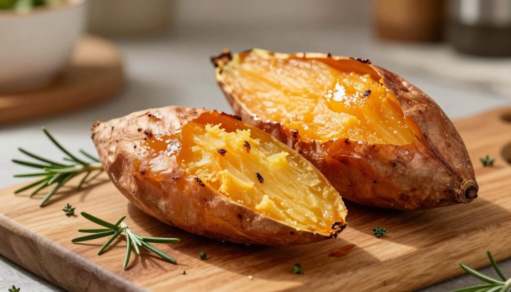 A close-up view of perfectly baked sweet potatoes, their skins glistening with a golden-brown hue, showcasing crispy edges that promise texture and a tender, fluffy interior. The sweet potatoes are artfully arranged on a rustic wooden cutting board, garnished with fresh herbs like rosemary or thyme, adding a pop of green. In the background, a softly blurred kitchen setting with warm, inviting lighting creates a cozy atmosphere, enhancing the comfort food vibe. The image should be captured at a slight angle to emphasize the shape of the sweet potatoes, utilizing natural light to highlight their glossy texture while casting gentle shadows, evoking a sense of warmth and homeliness. A close-up view of perfectly baked sweet potatoes, their skins glistening with a golden-brown hue, showcasing crispy edges that promise texture and a tender, fluffy interior. The sweet potatoes are artfully arranged on a rustic wooden cutting board, garnished with fresh herbs like rosemary or thyme, adding a pop of green. In the background, a softly blurred kitchen setting with warm, inviting lighting creates a cozy atmosphere, enhancing the comfort food vibe. The image should be captured at a slight angle to emphasize the shape of the sweet potatoes, utilizing natural light to highlight their glossy texture while casting gentle shadows, evoking a sense of warmth and homeliness.