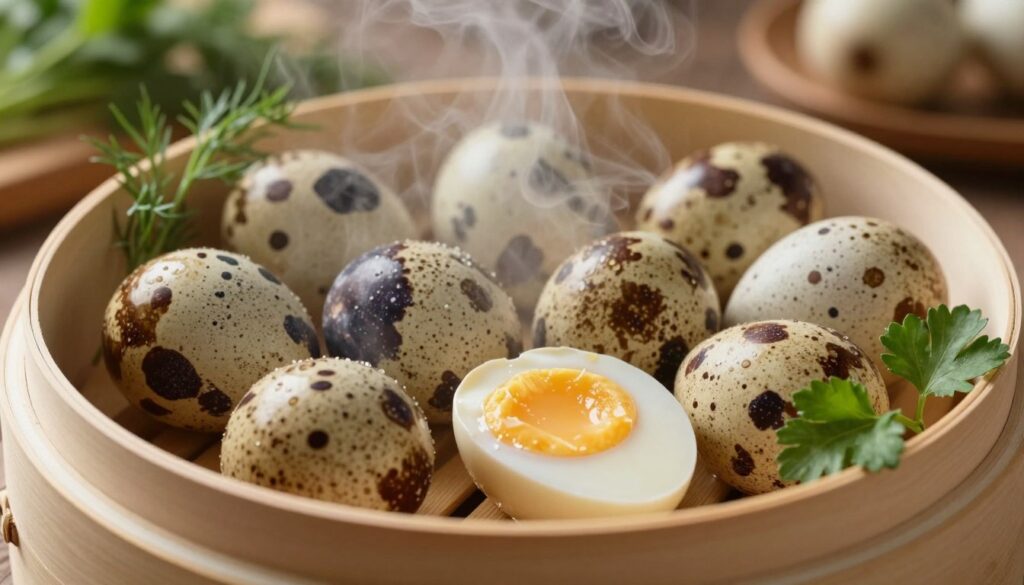 A close-up view of quail eggs, showcased on a steaming bamboo steamer, glistening with moisture. The foreground features a few perfectly cooked quail eggs, one slightly cracked to reveal its soft, creamy yolk. Surrounding the steamer, fresh herbs like dill and parsley add a pop of color, enhancing the natural beauty of the scene. In the middle ground, soft steam rises gently from the steaming process, creating an inviting atmosphere. The background is softly blurred to keep focus on the eggs, with warm, natural lighting that evokes a sense of comfort and homeliness. The overall mood is serene and appetizing, ideal for illustrating a culinary technique in a rustic kitchen setting. A close-up view of quail eggs, showcased on a steaming bamboo steamer, glistening with moisture. The foreground features a few perfectly cooked quail eggs, one slightly cracked to reveal its soft, creamy yolk. Surrounding the steamer, fresh herbs like dill and parsley add a pop of color, enhancing the natural beauty of the scene. In the middle ground, soft steam rises gently from the steaming process, creating an inviting atmosphere. The background is softly blurred to keep focus on the eggs, with warm, natural lighting that evokes a sense of comfort and homeliness. The overall mood is serene and appetizing, ideal for illustrating a culinary technique in a rustic kitchen setting.