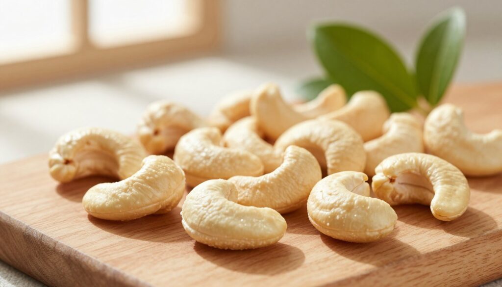 A close-up view of raw and roasted cashews, showcasing their unique shapes and textures. The scene features freshly shelled cashew nuts arranged artistically on a wooden cutting board. In the background, soft, natural light filters through a window, casting gentle shadows, creating an inviting atmosphere. Include a few green leaves to emphasize the nut's natural origin. The focus should be sharp on the cashews, highlighting their creamy color and slight sheen, with a blurred background to emphasize depth. The overall mood is warm and health-focused, perfect for conveying the nutritional benefits of cashews without any text or overlays. A close-up view of raw and roasted cashews, showcasing their unique shapes and textures. The scene features freshly shelled cashew nuts arranged artistically on a wooden cutting board. In the background, soft, natural light filters through a window, casting gentle shadows, creating an inviting atmosphere. Include a few green leaves to emphasize the nut's natural origin. The focus should be sharp on the cashews, highlighting their creamy color and slight sheen, with a blurred background to emphasize depth. The overall mood is warm and health-focused, perfect for conveying the nutritional benefits of cashews without any text or overlays.