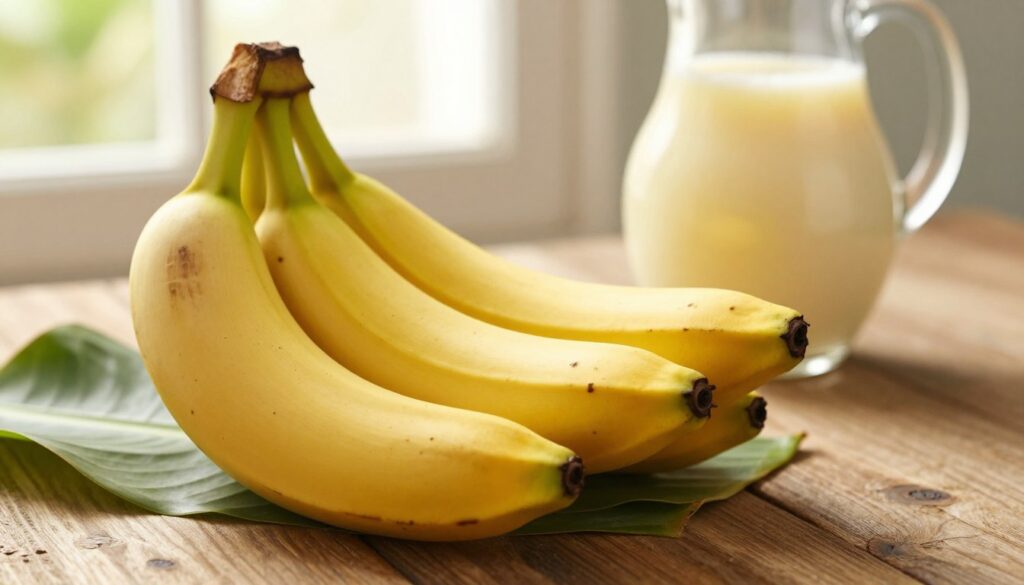 A close-up view of ripe bananas on a rustic wooden table, showcasing their vibrant yellow color and slight speckles of brown, signaling perfect ripeness. In the background, a softly blurred out pitcher of creamy banana liqueur glistens in the warm, natural sunlight streaming in from a window, enhancing the inviting atmosphere. Accentuate the scene with a few banana leaves artistically placed around the base, adding a touch of greenery. The lighting is soft and warm, creating a cozy mood that highlights the textural details of the bananas and the smoothness of the liqueur. The focus is sharp on the bananas, while the background remains softly diffused, drawing the viewer’s attention to the key ingredient of the dessert-inspired beverage. A close-up view of ripe bananas on a rustic wooden table, showcasing their vibrant yellow color and slight speckles of brown, signaling perfect ripeness. In the background, a softly blurred out pitcher of creamy banana liqueur glistens in the warm, natural sunlight streaming in from a window, enhancing the inviting atmosphere. Accentuate the scene with a few banana leaves artistically placed around the base, adding a touch of greenery. The lighting is soft and warm, creating a cozy mood that highlights the textural details of the bananas and the smoothness of the liqueur. The focus is sharp on the bananas, while the background remains softly diffused, drawing the viewer’s attention to the key ingredient of the dessert-inspired beverage.