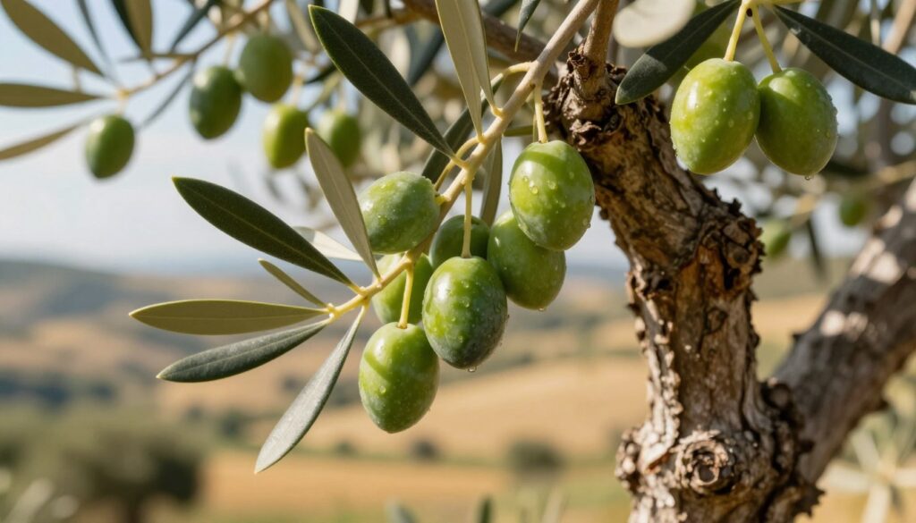 A close-up view of ripe green olives on the tree, showcasing their biological maturation process. In the foreground, vibrant olive fruits hang from delicate, silvery-green leaves, glistening under soft sunlight. The middle ground captures the textured bark of the olive tree, with intricate patterns highlighting its age and resilience. In the background, a blurred landscape of rolling hills typical of the Mediterranean region forms a warm, golden hue, evoking a sense of tranquility and natural beauty. The image is softly lit, suggesting a sunny day, with a focus that brings out the glossy surface of the olives. The overall mood is peaceful and organic, emphasizing the health benefits linked to the Mediterranean diet. A close-up view of ripe green olives on the tree, showcasing their biological maturation process. In the foreground, vibrant olive fruits hang from delicate, silvery-green leaves, glistening under soft sunlight. The middle ground captures the textured bark of the olive tree, with intricate patterns highlighting its age and resilience. In the background, a blurred landscape of rolling hills typical of the Mediterranean region forms a warm, golden hue, evoking a sense of tranquility and natural beauty. The image is softly lit, suggesting a sunny day, with a focus that brings out the glossy surface of the olives. The overall mood is peaceful and organic, emphasizing the health benefits linked to the Mediterranean diet.