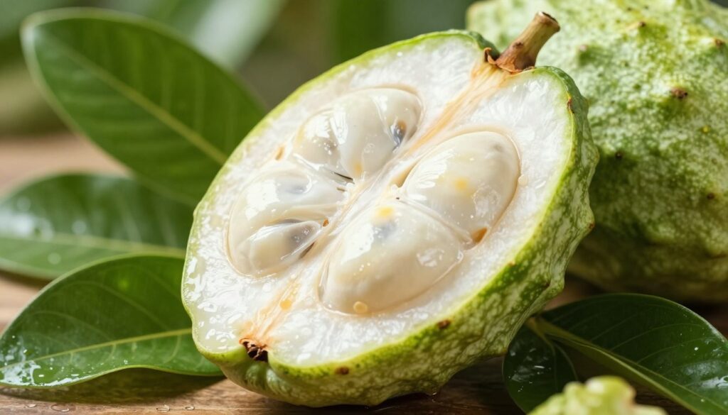 A close-up view of the creamy, white flesh of a ripe ceriman fruit, showcasing its unique texture and distinctive pattern of green markings. The fruit is sliced in half to reveal its juicy interior, glistening under soft, natural daylight that highlights each seed embedded in the flesh. Surrounding the ceriman are lush green leaves, adding a fresh backdrop that emphasizes its tropical origins. The background is softly blurred, focusing attention on the fruit while conveying a serene, inviting atmosphere. The overall mood is vibrant and fresh, reflecting the exotic nature of the ceriman. The shot is taken at a 45-degree angle, enhancing the three-dimensionality of the fruit and its surroundings. A close-up view of the creamy, white flesh of a ripe ceriman fruit, showcasing its unique texture and distinctive pattern of green markings. The fruit is sliced in half to reveal its juicy interior, glistening under soft, natural daylight that highlights each seed embedded in the flesh. Surrounding the ceriman are lush green leaves, adding a fresh backdrop that emphasizes its tropical origins. The background is softly blurred, focusing attention on the fruit while conveying a serene, inviting atmosphere. The overall mood is vibrant and fresh, reflecting the exotic nature of the ceriman. The shot is taken at a 45-degree angle, enhancing the three-dimensionality of the fruit and its surroundings.