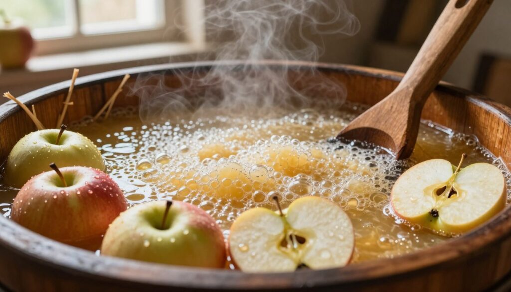 A close-up view of the fermentation process of apple mash, showcasing a wooden fermentation vessel overflowing with bubbling, golden apple liquid. In the foreground, vibrant slices of fresh apples with glistening droplets of juice catch the light, emphasizing their freshness. The middle ground features the fermentation vessel, adorned with natural materials like straw and wooden tools, creating a rustic feel. In the background, soft, warm lighting filters through a window, illuminating the cozy atmosphere of a home distillery. Gentle steam rises, adding to the sense of fermentation in progress. The overall mood is warm, inviting, and earthy, reflecting the artisanal nature of producing apple-based spirits. No text or signage is present in the image. A close-up view of the fermentation process of apple mash, showcasing a wooden fermentation vessel overflowing with bubbling, golden apple liquid. In the foreground, vibrant slices of fresh apples with glistening droplets of juice catch the light, emphasizing their freshness. The middle ground features the fermentation vessel, adorned with natural materials like straw and wooden tools, creating a rustic feel. In the background, soft, warm lighting filters through a window, illuminating the cozy atmosphere of a home distillery. Gentle steam rises, adding to the sense of fermentation in progress. The overall mood is warm, inviting, and earthy, reflecting the artisanal nature of producing apple-based spirits. No text or signage is present in the image.