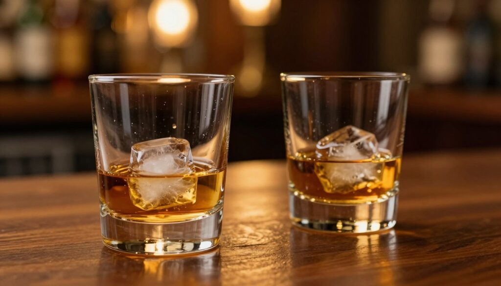 A close-up view of two elegant low tumbler glasses filled with amber whiskey, with ice cubes glistening in the light. The foreground showcases the textured surface of the glasses, reflecting the warm hues of the whiskey, while a subtle condensation adds a refreshing touch. In the middle, a polished wooden table creates a rich, warm atmosphere, aligned with the inviting glow from a soft, diffused light source above. In the background, the soft focus captures a dimly lit bar setting with shelves of bottles and a hint of ambient lighting, enhancing the cozy, sophisticated vibe of a whiskey-tasting scene. The overall mood is warm and intimate, perfect for appreciating fine spirits. A close-up view of two elegant low tumbler glasses filled with amber whiskey, with ice cubes glistening in the light. The foreground showcases the textured surface of the glasses, reflecting the warm hues of the whiskey, while a subtle condensation adds a refreshing touch. In the middle, a polished wooden table creates a rich, warm atmosphere, aligned with the inviting glow from a soft, diffused light source above. In the background, the soft focus captures a dimly lit bar setting with shelves of bottles and a hint of ambient lighting, enhancing the cozy, sophisticated vibe of a whiskey-tasting scene. The overall mood is warm and intimate, perfect for appreciating fine spirits.