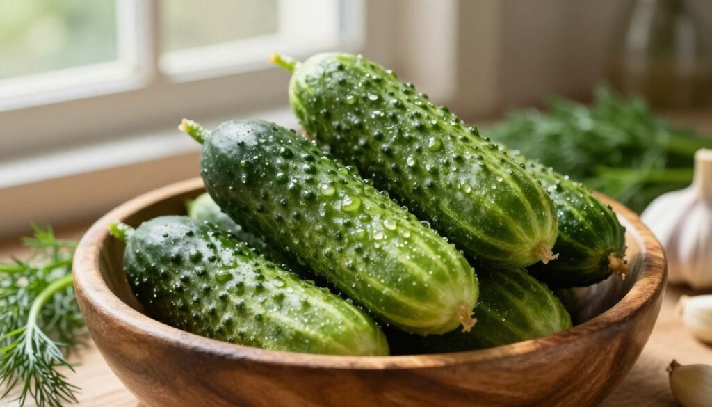 A close-up view of vibrant, fresh cucumbers resting in a rustic wooden bowl, emphasizing their crispness and vibrant green color, with glistening droplets of water on their surfaces. In the background, soft, warm natural light filters through a nearby window, casting gentle shadows and highlighting the textures of the cucumbers. Surrounding the bowl, there are sprigs of dill and garlic cloves, indicating the ingredients for a homemade pickling recipe. The scene evokes a cozy kitchen atmosphere, suggesting freshness and homemade goodness. The focus should be on the cucumbers, capturing their crunchiness and appeal, creating a mouth-watering image perfect for illustrating the secrets of making homemade pickles. A close-up view of vibrant, fresh cucumbers resting in a rustic wooden bowl, emphasizing their crispness and vibrant green color, with glistening droplets of water on their surfaces. In the background, soft, warm natural light filters through a nearby window, casting gentle shadows and highlighting the textures of the cucumbers. Surrounding the bowl, there are sprigs of dill and garlic cloves, indicating the ingredients for a homemade pickling recipe. The scene evokes a cozy kitchen atmosphere, suggesting freshness and homemade goodness. The focus should be on the cucumbers, capturing their crunchiness and appeal, creating a mouth-watering image perfect for illustrating the secrets of making homemade pickles.