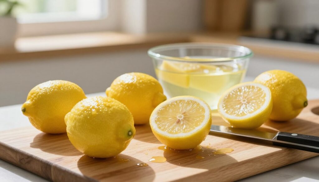 A close-up view of vibrant, fresh lemons being prepared for making lemon liqueur. The foreground features a wooden cutting board with glossy, plump lemons, some whole and others being cut in half, revealing their bright yellow insides. A small knife rests beside the lemons, with a few drops of lemon juice glistening on the board. In the middle ground, a bowl of water with a sponge is ready for washing away the waxy coating from the fruit. The background is softly blurred, depicting a warm kitchen atmosphere with natural light streaming through a window, casting gentle shadows. The mood is inviting and refreshing, capturing the essence of homemade cooking.