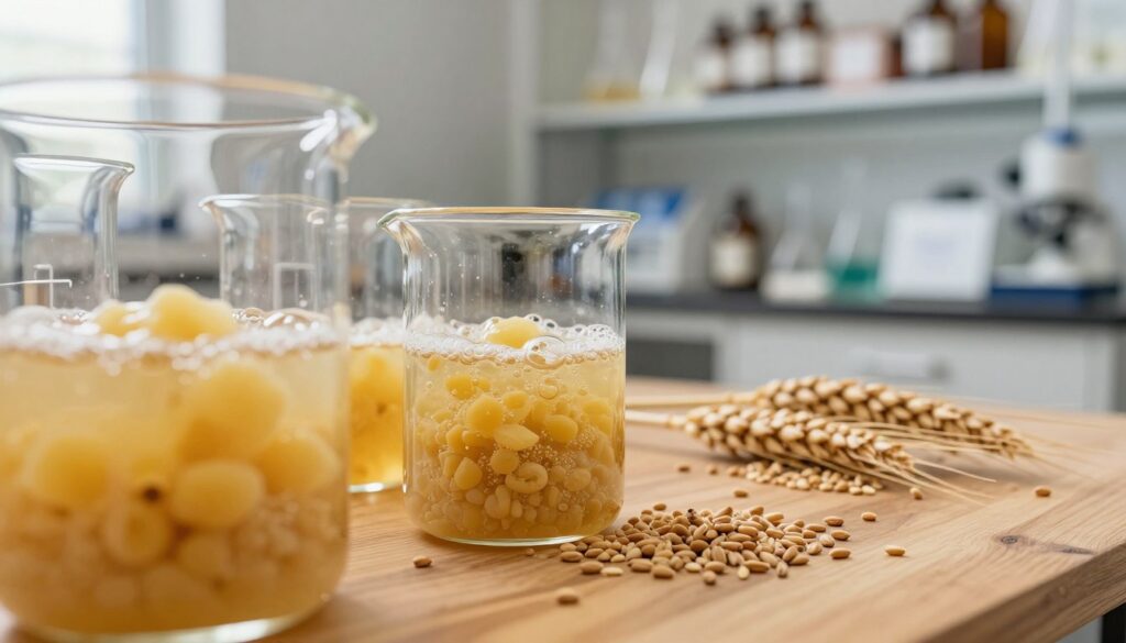 A close-up view of vibrant, thriving distilling yeast in a laboratory setting. In the foreground, show crystal-clear glass beakers and flasks filled with bubbling liquid, showcasing the fermentation process. The middle ground features a wooden table with scattered grains of wheat, representing the raw materials for distillation. In the background, soft-focus shelves lined with science equipment and bottles enhance the atmosphere of an experimental kitchen. The lighting is bright and warm, creating an inviting and nurturing environment. Capture the mood of discovery and tradition, highlighting the essential role of enzymes and yeast in the fermentation process. Use a shallow depth of field to emphasize the yeast and brewing equipment. A close-up view of vibrant, thriving distilling yeast in a laboratory setting. In the foreground, show crystal-clear glass beakers and flasks filled with bubbling liquid, showcasing the fermentation process. The middle ground features a wooden table with scattered grains of wheat, representing the raw materials for distillation. In the background, soft-focus shelves lined with science equipment and bottles enhance the atmosphere of an experimental kitchen. The lighting is bright and warm, creating an inviting and nurturing environment. Capture the mood of discovery and tradition, highlighting the essential role of enzymes and yeast in the fermentation process. Use a shallow depth of field to emphasize the yeast and brewing equipment.