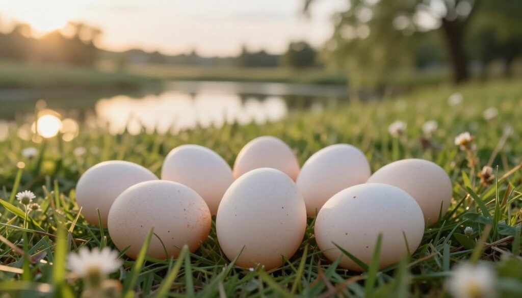 A collection of duck eggs nestled in a natural outdoor setting, showcasing their unique speckled, creamy-white shells. The foreground features a close-up of the eggs arranged in soft, lush grass with delicate wildflowers peeking through, highlighting their distinct texture. In the middle ground, a serene pond reflects the gentle light of a late afternoon sun, surrounded by leafy trees. The background features a blurred but tranquil landscape, evoking a peaceful atmosphere. Soft, warm lighting casts a golden hue over the scene, enhancing the organic feel. The overall mood conveys a sense of nature’s bounty, inviting curiosity while emphasizing the subtle nuances of food allergies related to duck eggs.