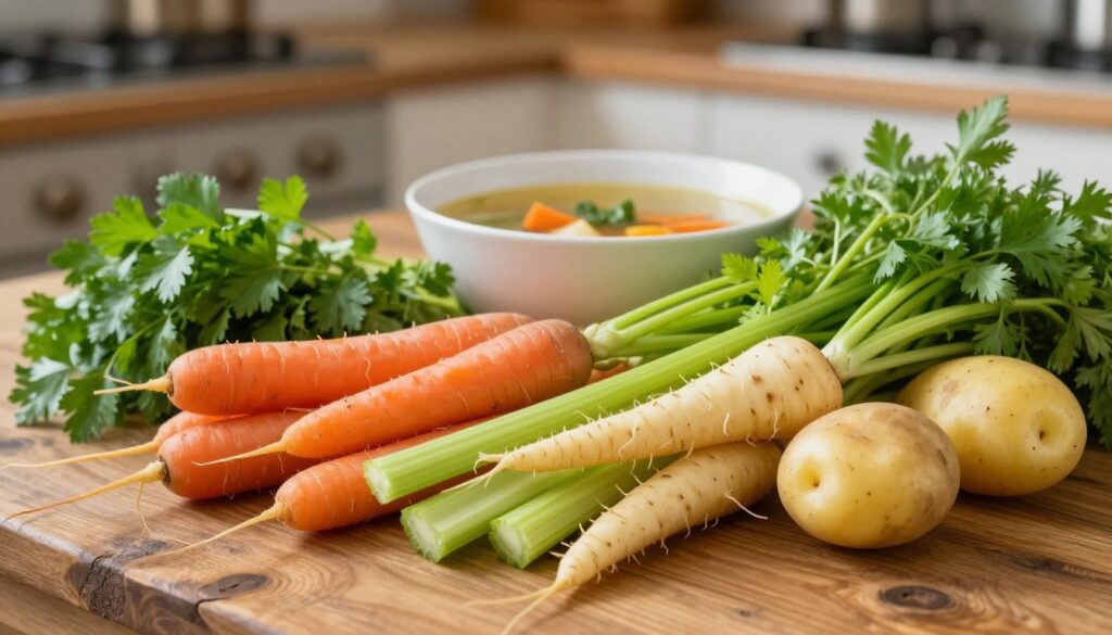 A colorful arrangement of assorted root vegetables commonly found in "włoszczyzna": carrots, celery, parsley root, and potatoes, beautifully displayed on a rustic wooden table. The foreground shows the vegetables in vibrant detail, highlighting their textures and colors. In the middle ground, a soft-focus bowl of vegetable broth is present, suggesting the meal they contribute to. The background features a blurred kitchen setting with gentle, warm lighting, creating a cozy atmosphere that evokes the essence of traditional Polish cooking. The angle captures the scene from a slightly elevated perspective to emphasize the rich, earthy tones of the vegetables while maintaining a wholesome, inviting vibe. No text or additional elements present.