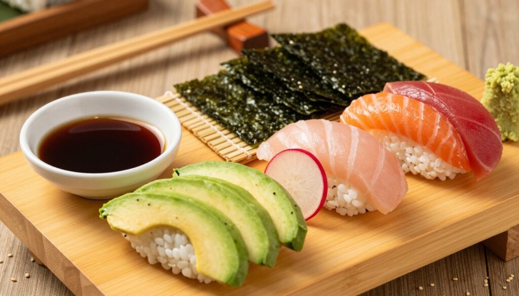 A colorful, vibrant display of sushi ingredients beautifully arranged on a wooden sushi board. In the foreground, a variety of fresh vegetables like avocado, cucumber, and radish are showcased alongside juicy slices of raw fish such as salmon and tuna. A small bowl of soy sauce and wasabi is included for dipping. In the middle ground, nori sheets and a bamboo mat are visible, hinting at the sushi-making process. In the background, softly blurred, there are decorative elements like chopsticks and a few sesame seeds scattered around, enhancing the traditional Japanese aesthetic. The lighting is warm and inviting, creating a cozy atmosphere, evoking a sense of culinary artistry. Captured from a slightly elevated angle to emphasize the arrangement and colors. A colorful, vibrant display of sushi ingredients beautifully arranged on a wooden sushi board. In the foreground, a variety of fresh vegetables like avocado, cucumber, and radish are showcased alongside juicy slices of raw fish such as salmon and tuna. A small bowl of soy sauce and wasabi is included for dipping. In the middle ground, nori sheets and a bamboo mat are visible, hinting at the sushi-making process. In the background, softly blurred, there are decorative elements like chopsticks and a few sesame seeds scattered around, enhancing the traditional Japanese aesthetic. The lighting is warm and inviting, creating a cozy atmosphere, evoking a sense of culinary artistry. Captured from a slightly elevated angle to emphasize the arrangement and colors.