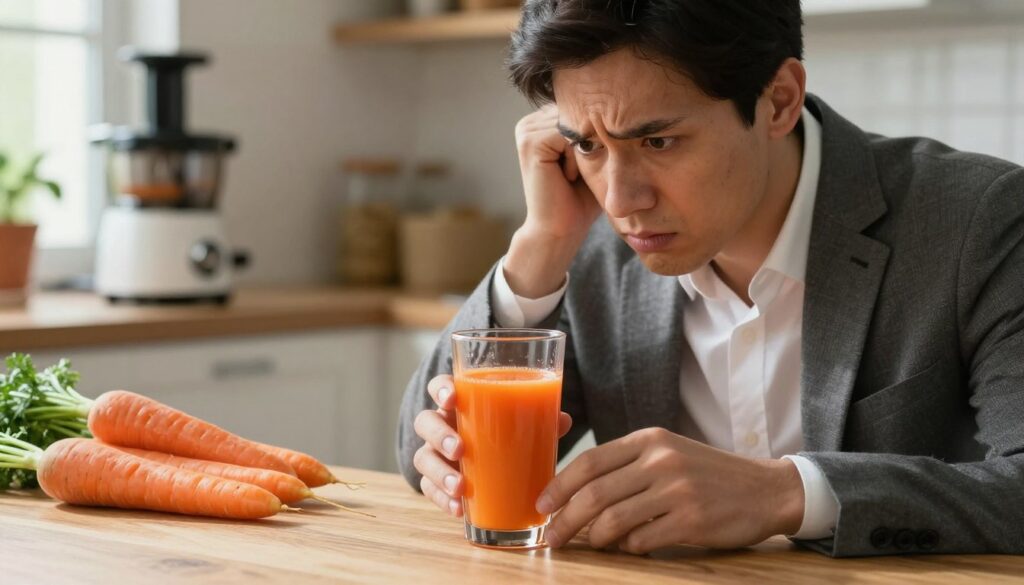 A concerned individual, dressed in professional attire, is cautiously examining a glass of carrot juice placed on a wooden table. Their facial expression displays a mix of curiosity and apprehension, highlighting the need for careful consumption of the beverage. In the background, a vibrant kitchen scene unfolds, with fresh carrots and a juicing machine partially visible on a countertop. Soft, natural light filters through a window, casting gentle shadows that enhance the warm tone of the image. The focus is on the person and the glass of juice in the foreground, with a shallow depth of field blurring the background slightly. The overall mood is thoughtful and informative, emphasizing the importance of moderation and awareness in juice consumption. A concerned individual, dressed in professional attire, is cautiously examining a glass of carrot juice placed on a wooden table. Their facial expression displays a mix of curiosity and apprehension, highlighting the need for careful consumption of the beverage. In the background, a vibrant kitchen scene unfolds, with fresh carrots and a juicing machine partially visible on a countertop. Soft, natural light filters through a window, casting gentle shadows that enhance the warm tone of the image. The focus is on the person and the glass of juice in the foreground, with a shallow depth of field blurring the background slightly. The overall mood is thoughtful and informative, emphasizing the importance of moderation and awareness in juice consumption.