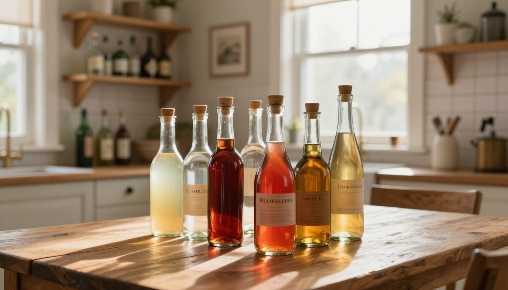 A cozy home interior showcasing the common mistakes in storing homemade liquors. In the foreground, a rustic wooden table displays several glass bottles filled with various colorful liqueurs, some with corks improperly placed and others in direct sunlight, illustrating poor storage practices. In the middle ground, shelves filled with disorganized bottles highlight inadequate organization, contrasting with an open window allowing bright, harsh sunlight to flood the scene, emphasizing the dangers of UV exposure. The background features a soft-focus kitchen, warmly lit with natural light, evoking a sense of comfort yet caution. The overall mood is informative and cautionary, emphasizing the importance of proper storage techniques for homemade liquors without any text or distractions. A cozy home interior showcasing the common mistakes in storing homemade liquors. In the foreground, a rustic wooden table displays several glass bottles filled with various colorful liqueurs, some with corks improperly placed and others in direct sunlight, illustrating poor storage practices. In the middle ground, shelves filled with disorganized bottles highlight inadequate organization, contrasting with an open window allowing bright, harsh sunlight to flood the scene, emphasizing the dangers of UV exposure. The background features a soft-focus kitchen, warmly lit with natural light, evoking a sense of comfort yet caution. The overall mood is informative and cautionary, emphasizing the importance of proper storage techniques for homemade liquors without any text or distractions.