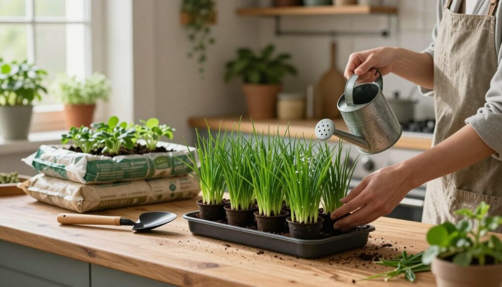 A cozy indoor setting featuring a well-lit kitchen countertop adorned with pots of freshly grown chives. In the foreground, a pair of hands of a person in modest casual clothing is seen gently watering the chives using a small watering can. The vibrant green of the chives contrasts beautifully against the rustic wooden surface. In the middle ground, there are a variety of growing essentials like soil bags, a small trowel, and natural light streaming in through a window, gently illuminating the scene. The background reveals a warm and inviting kitchen atmosphere, complete with herbs and plants on shelves. The overall mood is peaceful and nurturing, reflecting a home gardening vibe ideal for growing chives in a supportive environment.