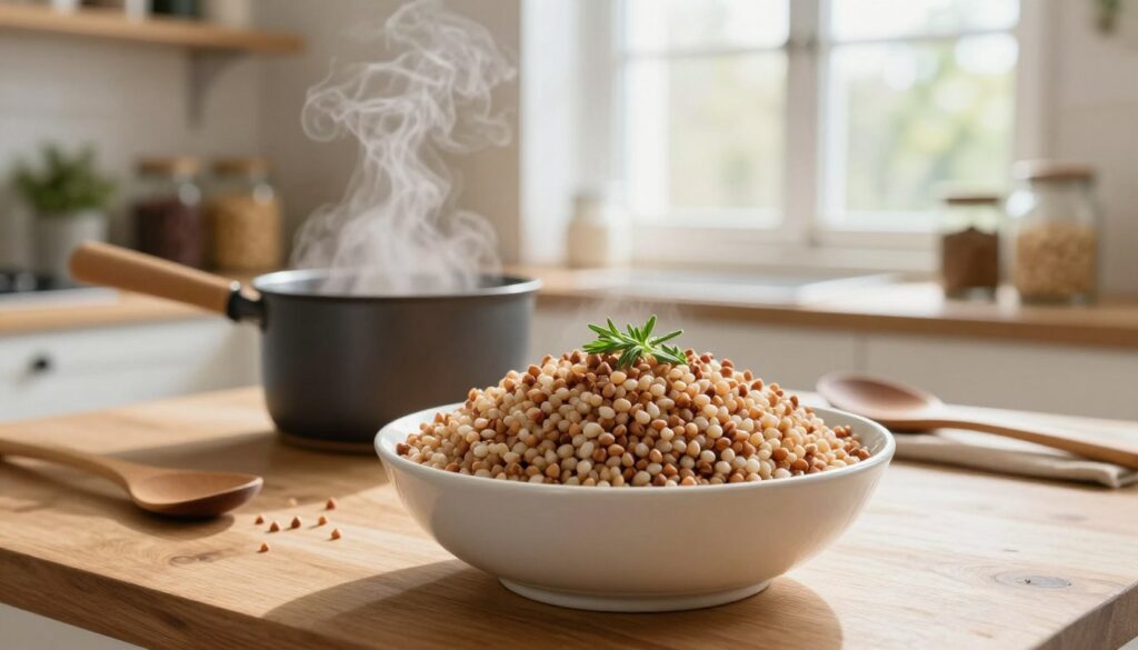 A cozy kitchen scene dedicated to cooking buckwheat, with a wooden table in the foreground showcasing a beautifully shaped bowl of perfectly cooked, fluffy buckwheat grains, garnished with fresh herbs. A small pot with steam rising sits beside the bowl, hinting at the cooking process just completed. In the middle ground, a bright window allows natural light to pour in, casting warm tones over the scene, enhancing the inviting atmosphere. Wooden utensils and a small plant add a touch of homely charm. The background is softly blurred, with shelves filled with jars of grains and spices, creating a sense of a well-loved kitchen. The focus is sharp on the buckwheat, evoking a mood of warmth and satisfaction in the preparing process. A cozy kitchen scene dedicated to cooking buckwheat, with a wooden table in the foreground showcasing a beautifully shaped bowl of perfectly cooked, fluffy buckwheat grains, garnished with fresh herbs. A small pot with steam rising sits beside the bowl, hinting at the cooking process just completed. In the middle ground, a bright window allows natural light to pour in, casting warm tones over the scene, enhancing the inviting atmosphere. Wooden utensils and a small plant add a touch of homely charm. The background is softly blurred, with shelves filled with jars of grains and spices, creating a sense of a well-loved kitchen. The focus is sharp on the buckwheat, evoking a mood of warmth and satisfaction in the preparing process.