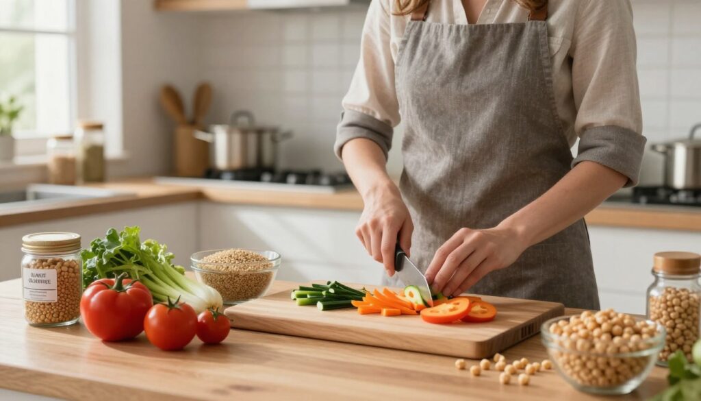 A cozy kitchen scene depicting a person in professional business attire carefully prepping a healthy gluten-free meal. In the foreground, fresh ingredients like vibrant vegetables, quinoa, and chickpeas are artistically arranged on a wooden cutting board. The middle area features the person chopping vegetables with a focused expression, showcasing their dedication to safe meal preparation. The background reveals a well-organized kitchen with pots, pans, and gluten-free labels visible on jars. Soft, natural lighting from a window casts gentle shadows, creating a warm and welcoming atmosphere. The image conveys a sense of health-conscious cooking, emphasizing safety and professionalism in meal composition at home. A cozy kitchen scene depicting a person in professional business attire carefully prepping a healthy gluten-free meal. In the foreground, fresh ingredients like vibrant vegetables, quinoa, and chickpeas are artistically arranged on a wooden cutting board. The middle area features the person chopping vegetables with a focused expression, showcasing their dedication to safe meal preparation. The background reveals a well-organized kitchen with pots, pans, and gluten-free labels visible on jars. Soft, natural lighting from a window casts gentle shadows, creating a warm and welcoming atmosphere. The image conveys a sense of health-conscious cooking, emphasizing safety and professionalism in meal composition at home.