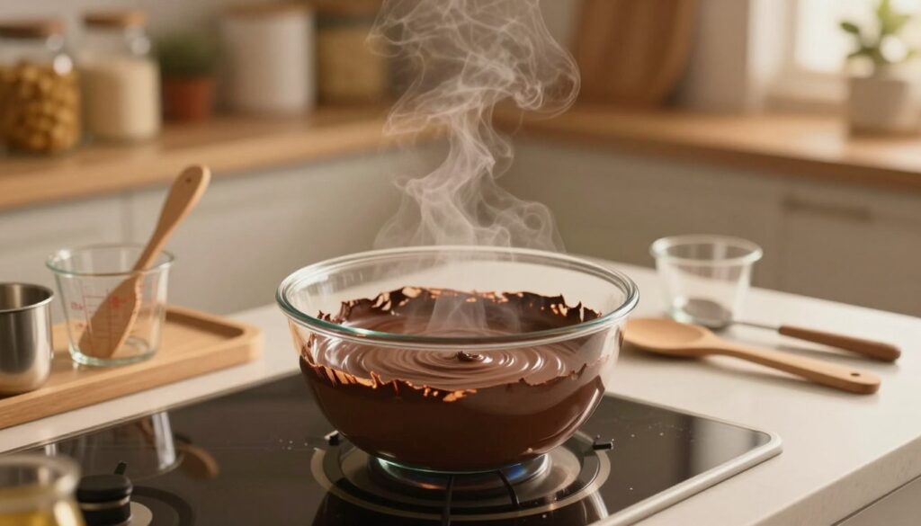 A cozy kitchen scene featuring a double boiler setup for a chocolate water bath. In the foreground, a glass bowl filled with rich, melted chocolate sits atop a pot of simmering water, steam rising gently around it. The middle ground showcases various baking tools, such as a spatula and measuring cups, elegantly arranged next to the setup. Soft, warm lighting casts a golden hue, creating a welcoming atmosphere, evoking the comforting process of melting chocolate. The background includes shelves filled with baking ingredients, enhancing the culinary theme. The image should be captured with a shallow depth of field, focusing on the glossy, melted chocolate while providing a blurred context of the inviting kitchen environment. A cozy kitchen scene featuring a double boiler setup for a chocolate water bath. In the foreground, a glass bowl filled with rich, melted chocolate sits atop a pot of simmering water, steam rising gently around it. The middle ground showcases various baking tools, such as a spatula and measuring cups, elegantly arranged next to the setup. Soft, warm lighting casts a golden hue, creating a welcoming atmosphere, evoking the comforting process of melting chocolate. The background includes shelves filled with baking ingredients, enhancing the culinary theme. The image should be captured with a shallow depth of field, focusing on the glossy, melted chocolate while providing a blurred context of the inviting kitchen environment.