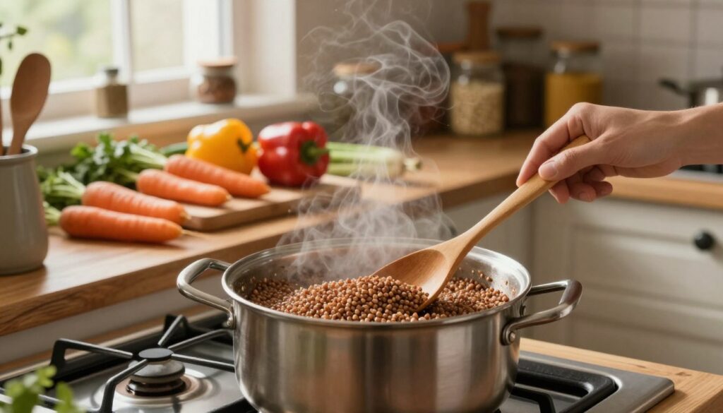 A cozy kitchen scene featuring a pot of buckwheat groats cooking on a stovetop, surrounded by various cooking utensils. In the foreground, a wooden spoon stirs the groats, with steam gently rising to create a warm atmosphere. The middle layer showcases a vibrant array of fresh vegetables like carrots and bell peppers on a cutting board, hinting at healthy meal preparation. Soft, natural light filters through a nearby window, illuminating the kitchen’s rustic wooden cabinetry and countertop. In the background, shelves filled with jars of spices and grains emphasize the importance of cooking techniques. The image should exude a sense of comfort and healthy cooking, reflecting the art of preparing buckwheat without resorting to pre-packaged methods. A cozy kitchen scene featuring a pot of buckwheat groats cooking on a stovetop, surrounded by various cooking utensils. In the foreground, a wooden spoon stirs the groats, with steam gently rising to create a warm atmosphere. The middle layer showcases a vibrant array of fresh vegetables like carrots and bell peppers on a cutting board, hinting at healthy meal preparation. Soft, natural light filters through a nearby window, illuminating the kitchen’s rustic wooden cabinetry and countertop. In the background, shelves filled with jars of spices and grains emphasize the importance of cooking techniques. The image should exude a sense of comfort and healthy cooking, reflecting the art of preparing buckwheat without resorting to pre-packaged methods.