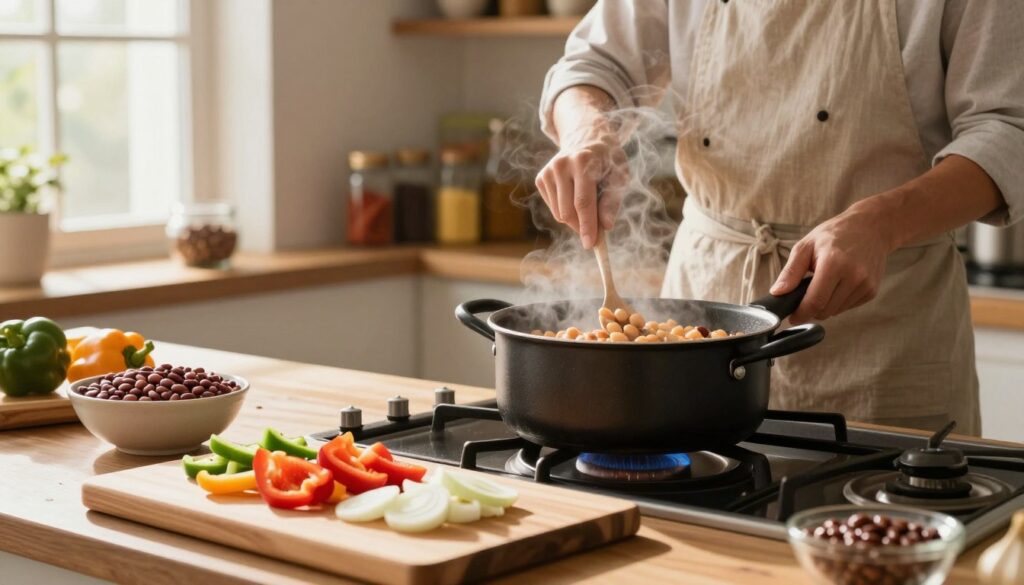 A cozy kitchen scene featuring a pot of freshly cooked beans on the stove, steam gently rising from it. In the foreground, a wooden cutting board holds colorful chopped vegetables like bell peppers, onions, and garlic, all arranged for preparing a healthy bean dish. A bowl of uncooked beans sits nearby, showcasing their variety. In the middle ground, a professional-looking cook in modest casual attire is stirring the pot, focused on perfecting the cooking process. Sunlight filters through a window, casting warm light across the scene, creating a homely and inviting atmosphere. The background reveals shelves filled with spices and cookbooks, adding depth and richness to the culinary environment. The overall mood conveys health and simplicity in cooking beans for easy digestion.