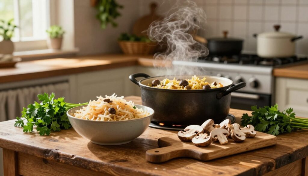 A cozy kitchen scene featuring a rustic wooden table in the foreground, topped with fresh ingredients for a traditional Polish dish. A large bowl of shredded sauerkraut sits next to a wooden cutting board scattered with sliced mushrooms, their earthy tones contrasting with the vibrant green of parsley. In the middle ground, a steaming pot of sautéed cabbage and mushrooms simmers on an old stove, emitting a warm, inviting glow. The background reveals warm, sunlit kitchen surfaces and herbs hanging from the ceiling, adding to the homely atmosphere. Soft, natural lighting streams through a nearby window, creating a welcoming mood that reflects the essence of hearty home cooking. The image should evoke a sense of tradition and comfort. A cozy kitchen scene featuring a rustic wooden table in the foreground, topped with fresh ingredients for a traditional Polish dish. A large bowl of shredded sauerkraut sits next to a wooden cutting board scattered with sliced mushrooms, their earthy tones contrasting with the vibrant green of parsley. In the middle ground, a steaming pot of sautéed cabbage and mushrooms simmers on an old stove, emitting a warm, inviting glow. The background reveals warm, sunlit kitchen surfaces and herbs hanging from the ceiling, adding to the homely atmosphere. Soft, natural lighting streams through a nearby window, creating a welcoming mood that reflects the essence of hearty home cooking. The image should evoke a sense of tradition and comfort.