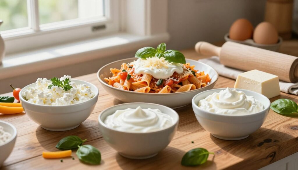 A cozy kitchen scene featuring a variety of ricotta substitutes artfully displayed on a rustic wooden table. In the foreground, showcase small bowls filled with creamy cottage cheese, fluffy Greek yogurt, and silken tofu, each garnished with fresh herbs and colorful vegetables. In the middle ground, a vibrant pasta dish topped with a dollop of the yogurt-based substitute, decorated with a sprinkle of grated cheese and fresh basil leaves. The background includes a window with soft, natural sunlight pouring in, illuminating a few baking essentials like flour, eggs, and a rolling pin, enhancing the inviting atmosphere. The mood is warm and homey, encouraging creativity in everyday cooking and baking. A cozy kitchen scene featuring a variety of ricotta substitutes artfully displayed on a rustic wooden table. In the foreground, showcase small bowls filled with creamy cottage cheese, fluffy Greek yogurt, and silken tofu, each garnished with fresh herbs and colorful vegetables. In the middle ground, a vibrant pasta dish topped with a dollop of the yogurt-based substitute, decorated with a sprinkle of grated cheese and fresh basil leaves. The background includes a window with soft, natural sunlight pouring in, illuminating a few baking essentials like flour, eggs, and a rolling pin, enhancing the inviting atmosphere. The mood is warm and homey, encouraging creativity in everyday cooking and baking.
