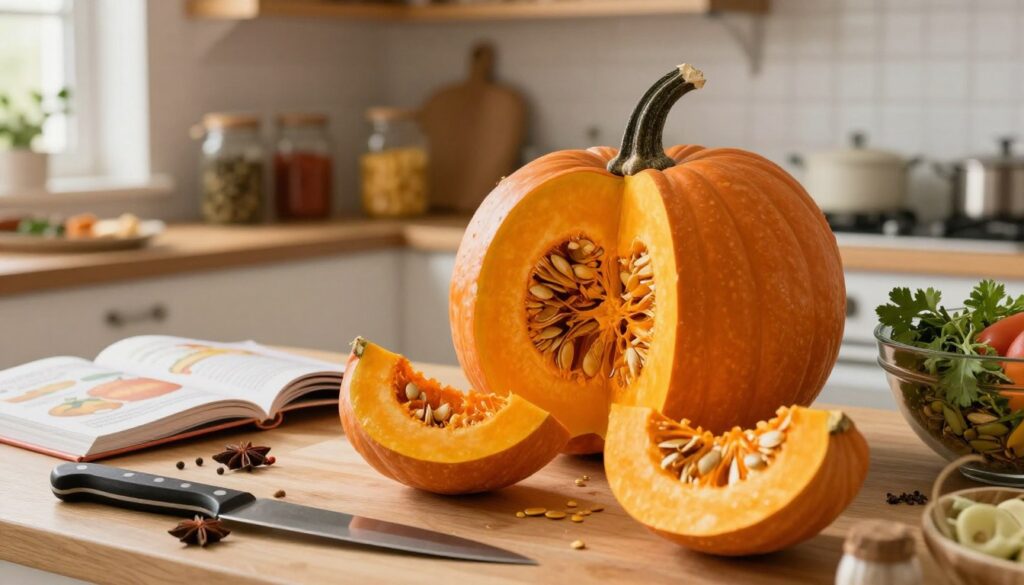 A cozy kitchen scene featuring a vibrant orange pumpkin as the focal point, surrounded by various kitchen tools like a sharp knife, a cutting board, and a mixing bowl filled with fresh ingredients. In the foreground, the pumpkin is being sliced open, revealing its bright, textured flesh and seeds. The middle ground showcases a countertop adorned with colorful spices, herbs, and a cookbook opened to a recipe that includes pumpkin. In the background, soft, warm lighting floods the space, highlighting wooden shelves stocked with jars of dried goods. The atmosphere is inviting and warm, evoking a sense of creativity and healthy cooking. The angle captures the action of preparation, immersed in a homey feel. A cozy kitchen scene featuring a vibrant orange pumpkin as the focal point, surrounded by various kitchen tools like a sharp knife, a cutting board, and a mixing bowl filled with fresh ingredients. In the foreground, the pumpkin is being sliced open, revealing its bright, textured flesh and seeds. The middle ground showcases a countertop adorned with colorful spices, herbs, and a cookbook opened to a recipe that includes pumpkin. In the background, soft, warm lighting floods the space, highlighting wooden shelves stocked with jars of dried goods. The atmosphere is inviting and warm, evoking a sense of creativity and healthy cooking. The angle captures the action of preparation, immersed in a homey feel.