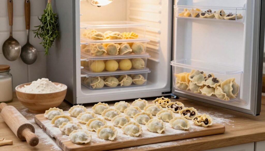 A cozy kitchen scene featuring an organized workspace for freezing pierogi. In the foreground, a wooden cutting board displays neatly arranged, uncooked dumplings dusted with flour, showcasing various fillings like potato, cheese, and mushroom. In the middle, a freezer is partially open, revealing a stack of clear, labeled containers filled with frozen pierogi. A bowl of flour and a rolling pin rest nearby as if just used. In the background, warm, soft lighting creates a welcoming atmosphere, highlighting the rustic kitchen decor, including hanging herbs and vintage utensils. The scene conveys a sense of homey preparation and culinary tradition, emphasizing the techniques for freezing pierogi without sticking together while preserving their flavor. A cozy kitchen scene featuring an organized workspace for freezing pierogi. In the foreground, a wooden cutting board displays neatly arranged, uncooked dumplings dusted with flour, showcasing various fillings like potato, cheese, and mushroom. In the middle, a freezer is partially open, revealing a stack of clear, labeled containers filled with frozen pierogi. A bowl of flour and a rolling pin rest nearby as if just used. In the background, warm, soft lighting creates a welcoming atmosphere, highlighting the rustic kitchen decor, including hanging herbs and vintage utensils. The scene conveys a sense of homey preparation and culinary tradition, emphasizing the techniques for freezing pierogi without sticking together while preserving their flavor.