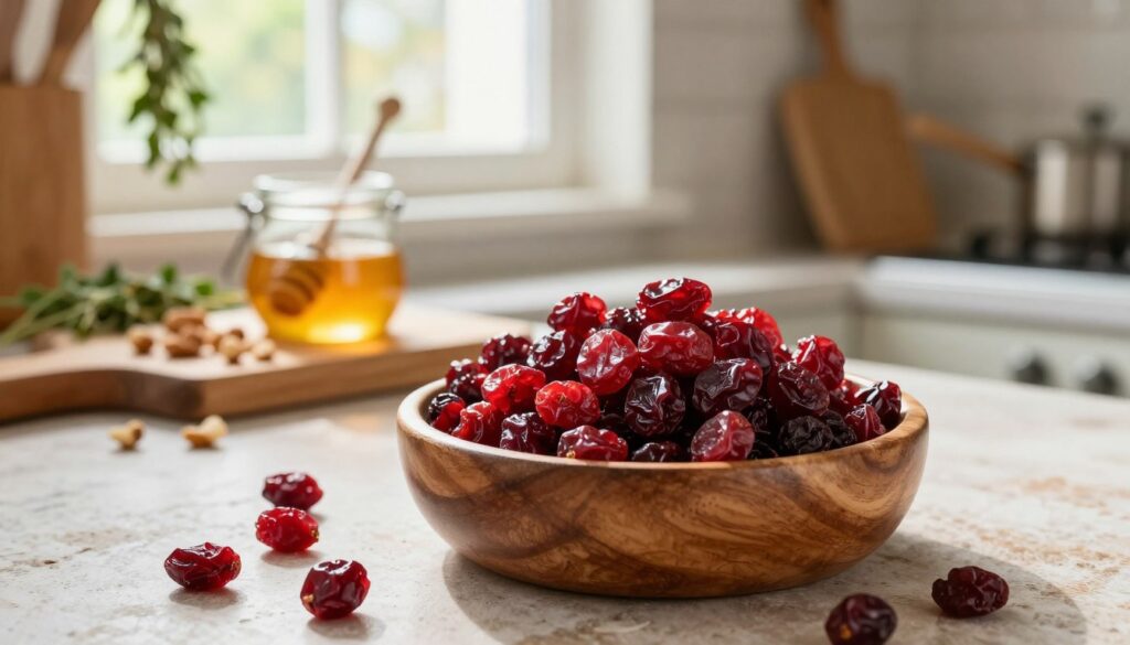 A cozy kitchen scene featuring dried cranberries as the focal point. In the foreground, a wooden bowl overflowing with plump, vibrant dried cranberries, with a few scattered around. In the middle, a rustic countertop adorned with a cutting board, a small pot of honey, and a sprinkle of nuts, suggesting various culinary uses. The background includes soft-focus elements like a window with natural light streaming in, illuminating a few hanging herbs and kitchen utensils. The overall atmosphere should feel warm and inviting, evoking a sense of home cooking and healthy eating. The lighting is soft and natural, highlighting the rich textures of the ingredients, creating a wholesome and appetizing mood.
