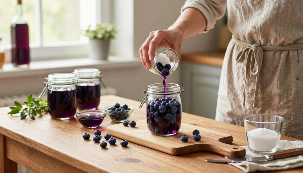 A cozy kitchen scene focused on the process of making blueberry liqueur, featuring a wooden table adorned with fresh wild blueberries, glass jars, and measuring instruments. In the foreground, a person in a casual, modest outfit carefully pours blueberries into a glass jar, adding sugar and alcohol while surrounded by various kitchen items like a cutting board, knife, and small bowls. The vibrant purple hues of the blueberries contrast with the earthy tones of the wooden table. In the middle background, sunlight enters through a window, creating a warm and inviting atmosphere with soft, diffused lighting. Fresh herbs and a bottle of finished liqueur are visible on the shelves, completing this serene and natural setting. A cozy kitchen scene focused on the process of making blueberry liqueur, featuring a wooden table adorned with fresh wild blueberries, glass jars, and measuring instruments. In the foreground, a person in a casual, modest outfit carefully pours blueberries into a glass jar, adding sugar and alcohol while surrounded by various kitchen items like a cutting board, knife, and small bowls. The vibrant purple hues of the blueberries contrast with the earthy tones of the wooden table. In the middle background, sunlight enters through a window, creating a warm and inviting atmosphere with soft, diffused lighting. Fresh herbs and a bottle of finished liqueur are visible on the shelves, completing this serene and natural setting.