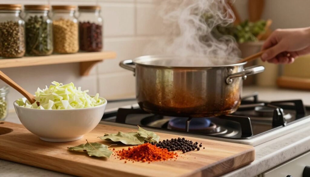 A cozy kitchen scene focusing on the process of seasoning bigos, a traditional Polish dish. In the foreground, a wooden cutting board with a mix of colorful spices such as paprika, bay leaves, marjoram, and black peppercorns, alongside a bowl of chopped cabbage and a wooden spoon. The middle ground features a large pot simmering on a stove, with steam rising to emphasize warmth. In the background, shelves lined with jars of spices and herbs, with warm lighting highlighting the rich textures of the ingredients. The atmosphere is inviting and homely, suggesting a family meal preparation. The image should convey the joy of cooking and the aromatic blend of flavors. Use a soft focus effect to enhance the warmth and comfort of the scene. A cozy kitchen scene focusing on the process of seasoning bigos, a traditional Polish dish. In the foreground, a wooden cutting board with a mix of colorful spices such as paprika, bay leaves, marjoram, and black peppercorns, alongside a bowl of chopped cabbage and a wooden spoon. The middle ground features a large pot simmering on a stove, with steam rising to emphasize warmth. In the background, shelves lined with jars of spices and herbs, with warm lighting highlighting the rich textures of the ingredients. The atmosphere is inviting and homely, suggesting a family meal preparation. The image should convey the joy of cooking and the aromatic blend of flavors. Use a soft focus effect to enhance the warmth and comfort of the scene.