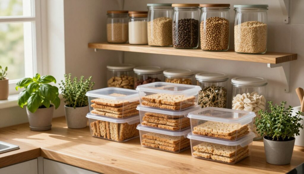 A cozy kitchen scene highlighting the storage of crispbread for maximum freshness. In the foreground, a wooden countertop displays neatly stacked packages of crispbread in transparent containers with airtight lids. Fresh herbs, like basil and thyme, are placed in small pots nearby, adding a touch of greenery. The middle layer showcases a well-organized pantry with rustic shelves filled with various grains and healthy snacks, emphasizing a tidy storage system. In the background, warm sunlight filters through a window, casting soft, inviting light across the kitchen. The atmosphere feels warm and homey, promoting a sense of well-being and healthy living. The camera angle is slightly overhead to capture the organization and freshness of the products, with a focus on clarity and detail. A cozy kitchen scene highlighting the storage of crispbread for maximum freshness. In the foreground, a wooden countertop displays neatly stacked packages of crispbread in transparent containers with airtight lids. Fresh herbs, like basil and thyme, are placed in small pots nearby, adding a touch of greenery. The middle layer showcases a well-organized pantry with rustic shelves filled with various grains and healthy snacks, emphasizing a tidy storage system. In the background, warm sunlight filters through a window, casting soft, inviting light across the kitchen. The atmosphere feels warm and homey, promoting a sense of well-being and healthy living. The camera angle is slightly overhead to capture the organization and freshness of the products, with a focus on clarity and detail.