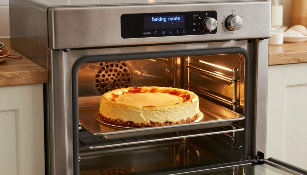 A cozy kitchen scene showcasing a modern oven displaying the "baking mode" specifically for cheesecake preparation. In the foreground, focus on the oven with its sleek stainless steel finish, illuminated by warm, soft lighting that highlights its controls. In the middle, a cheesecake sits on a baking tray, perfectly set inside the oven, revealing a smooth, creamy texture topped with a hint of fruit glaze. The background features a rustic countertop with baking ingredients like flour, eggs, and sugar neatly arranged, along with a well-organized set of measuring utensils. The atmosphere should feel inviting and homely, evoking a sense of comfort and culinary mastery, perfect for an article about baking temperatures.