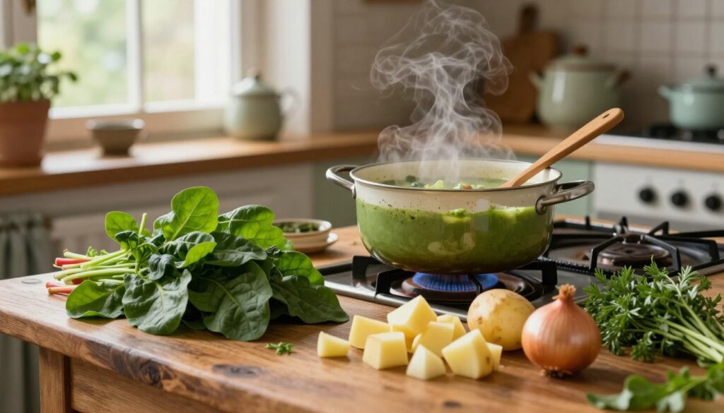 A cozy kitchen scene showcasing a pot of traditional Polish sorrel soup (zupa szczawiowa) simmering on the stove, surrounded by fresh ingredients. In the foreground, a rustic wooden table displays vibrant fresh sorrel leaves, along with diced potatoes, onions, and herbs, creating a lush, colorful arrangement. In the middle ground, a pot filled with the bright green soup is steaming, with a wooden spoon resting against the side. In the background, a window lets in soft, natural light, illuminating the kitchen's warm, inviting atmosphere. The walls feature charming, vintage kitchenware, enhancing the homely feel. Capture this serene culinary moment with a soft focus and gentle depth of field, evoking a sense of comfort and nostalgia. A cozy kitchen scene showcasing a pot of traditional Polish sorrel soup (zupa szczawiowa) simmering on the stove, surrounded by fresh ingredients. In the foreground, a rustic wooden table displays vibrant fresh sorrel leaves, along with diced potatoes, onions, and herbs, creating a lush, colorful arrangement. In the middle ground, a pot filled with the bright green soup is steaming, with a wooden spoon resting against the side. In the background, a window lets in soft, natural light, illuminating the kitchen's warm, inviting atmosphere. The walls feature charming, vintage kitchenware, enhancing the homely feel. Capture this serene culinary moment with a soft focus and gentle depth of field, evoking a sense of comfort and nostalgia.