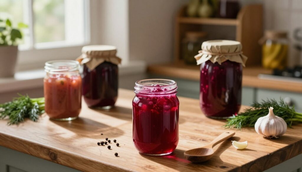 A cozy kitchen scene showcasing a rustic wooden countertop with jars of home-made zakwas for barszcz. In the foreground, a clear glass jar filled with vibrant red beet liquid, bubbles forming at the top, alongside a wooden spoon and scattered spices like garlic and dill. The middle ground features a few additional jars with different shades of zakwas, artistically arranged, reflecting natural light pouring in from a nearby window. The background includes shelves filled with pickled vegetables and herbs, evoking a warm, homely atmosphere. Soft, diffused lighting illuminates the scene, creating inviting shadows. The overall mood is warm and nurturing, emphasizing tradition and the essence of home cooking. A cozy kitchen scene showcasing a rustic wooden countertop with jars of home-made zakwas for barszcz. In the foreground, a clear glass jar filled with vibrant red beet liquid, bubbles forming at the top, alongside a wooden spoon and scattered spices like garlic and dill. The middle ground features a few additional jars with different shades of zakwas, artistically arranged, reflecting natural light pouring in from a nearby window. The background includes shelves filled with pickled vegetables and herbs, evoking a warm, homely atmosphere. Soft, diffused lighting illuminates the scene, creating inviting shadows. The overall mood is warm and nurturing, emphasizing tradition and the essence of home cooking.