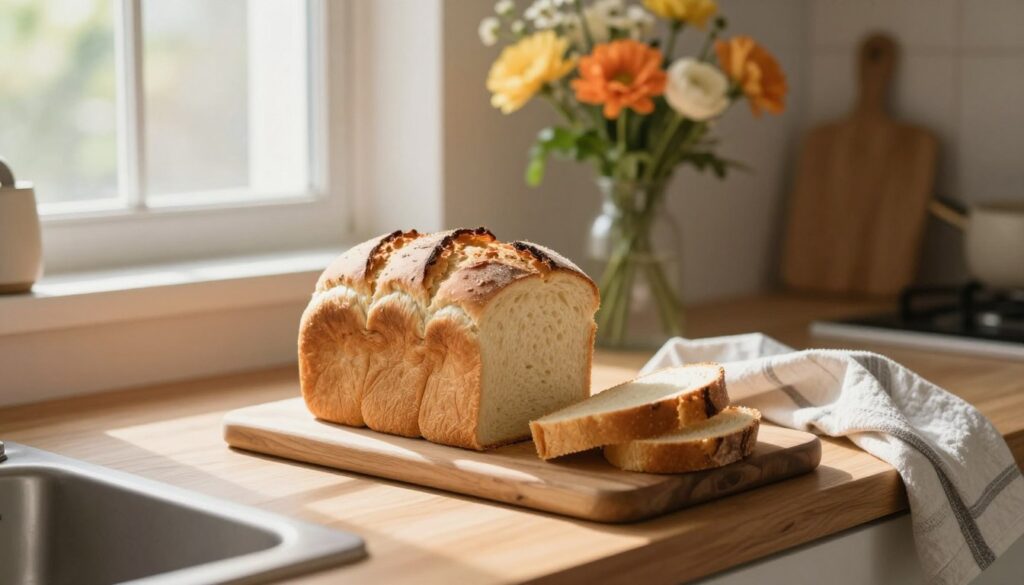 A cozy kitchen scene showcasing freshly baked bread positioned on a wooden countertop at room temperature, with a soft, diffused sunlight filtering through a nearby window. The bread is placed on a rustic wooden board, with a few slices partially cut to reveal its fluffy texture. In the background, a vase of vibrant flowers adds a touch of warmth, while a few kitchen utensils and a towel drape casually around the scene. The lighting creates gentle shadows, emphasizing the inviting atmosphere of a homely kitchen. The focus is sharp on the bread, while the background has a soft blur, suggesting a natural, peaceful mood ideal for illustrating the concept of natural thawing. No people are present in the scene. A cozy kitchen scene showcasing freshly baked bread positioned on a wooden countertop at room temperature, with a soft, diffused sunlight filtering through a nearby window. The bread is placed on a rustic wooden board, with a few slices partially cut to reveal its fluffy texture. In the background, a vase of vibrant flowers adds a touch of warmth, while a few kitchen utensils and a towel drape casually around the scene. The lighting creates gentle shadows, emphasizing the inviting atmosphere of a homely kitchen. The focus is sharp on the bread, while the background has a soft blur, suggesting a natural, peaceful mood ideal for illustrating the concept of natural thawing. No people are present in the scene.
