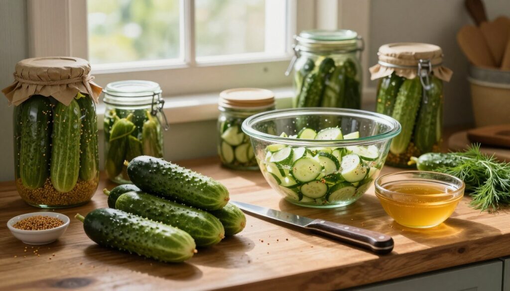 A cozy kitchen scene showcasing the preparation of cucumbers for pickling. In the foreground, a wooden table is filled with fresh, vibrant green cucumbers, a sharp knife, and a bowl of honey. Various spices like mustard seeds and dill are neatly arranged around. In the middle ground, jars are being washed, with some already filled with chopped cucumbers and spices, glistening in the soft, warm light. The background features a rustic window with sunlight streaming in, casting soft shadows and creating a homey atmosphere. The scene conveys a sense of tradition and care, inviting the viewer to embrace the pickling process. The lighting is warm and inviting, creating an overall mood of domestic harmony and culinary delight. A cozy kitchen scene showcasing the preparation of cucumbers for pickling. In the foreground, a wooden table is filled with fresh, vibrant green cucumbers, a sharp knife, and a bowl of honey. Various spices like mustard seeds and dill are neatly arranged around. In the middle ground, jars are being washed, with some already filled with chopped cucumbers and spices, glistening in the soft, warm light. The background features a rustic window with sunlight streaming in, casting soft shadows and creating a homey atmosphere. The scene conveys a sense of tradition and care, inviting the viewer to embrace the pickling process. The lighting is warm and inviting, creating an overall mood of domestic harmony and culinary delight.