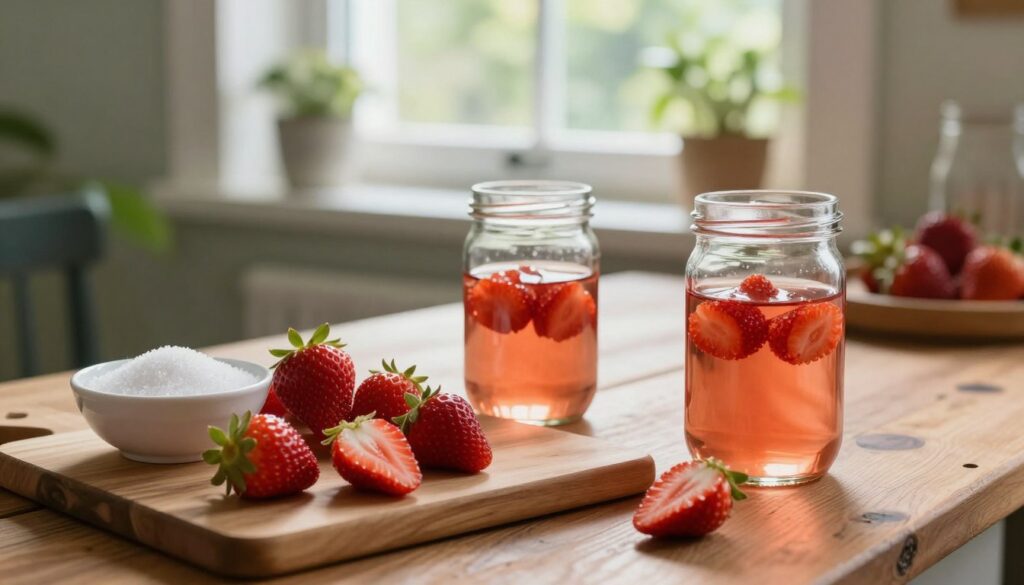 A cozy kitchen setting bathed in warm, natural light, showcasing freshly harvested strawberries being prepared for a summer liqueur. In the foreground, a wooden cutting board features vibrant red strawberries, some halved to reveal their juicy interiors. A small bowl of granulated sugar and a glass jar filled with clear spirit are placed nearby. In the middle, a softly worn wooden table adds a rustic touch. In the background, a sunlit window reveals green plants outside, filtering soft, diffused light that creates a welcoming atmosphere. The scene captures the essence of summer preparation, evoking a sense of freshness and anticipation for homemade strawberry liqueur. A cozy kitchen setting bathed in warm, natural light, showcasing freshly harvested strawberries being prepared for a summer liqueur. In the foreground, a wooden cutting board features vibrant red strawberries, some halved to reveal their juicy interiors. A small bowl of granulated sugar and a glass jar filled with clear spirit are placed nearby. In the middle, a softly worn wooden table adds a rustic touch. In the background, a sunlit window reveals green plants outside, filtering soft, diffused light that creates a welcoming atmosphere. The scene captures the essence of summer preparation, evoking a sense of freshness and anticipation for homemade strawberry liqueur.