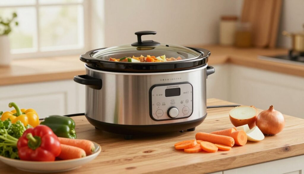 A cozy kitchen setting featuring a modern slow cooker on a wooden countertop, surrounded by freshly chopped vegetables such as carrots, bell peppers, and onions. The foreground shows the ingredients in bowls, with a focus on the vibrant colors and textures. In the middle, the sleek slow cooker is plugged in, with the lid slightly ajar, hinting at a warm, savory dish inside. The background features soft, warm lighting streaming through a nearby window, creating a welcoming atmosphere. The overall mood is inviting and homey, emphasizing the ease and comfort of preparing one-pot meals for family dinners. Ensure that there are no people in the image. A cozy kitchen setting featuring a modern slow cooker on a wooden countertop, surrounded by freshly chopped vegetables such as carrots, bell peppers, and onions. The foreground shows the ingredients in bowls, with a focus on the vibrant colors and textures. In the middle, the sleek slow cooker is plugged in, with the lid slightly ajar, hinting at a warm, savory dish inside. The background features soft, warm lighting streaming through a nearby window, creating a welcoming atmosphere. The overall mood is inviting and homey, emphasizing the ease and comfort of preparing one-pot meals for family dinners. Ensure that there are no people in the image.